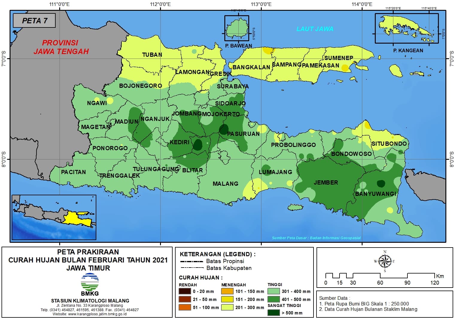 (Prakiraan - Bulanan) Curah Hujan Bulan FEBRUARI Tahun 2021 - Update dari Analisis Bulan November Tahun 2020 di Provinsi Jawa Timur