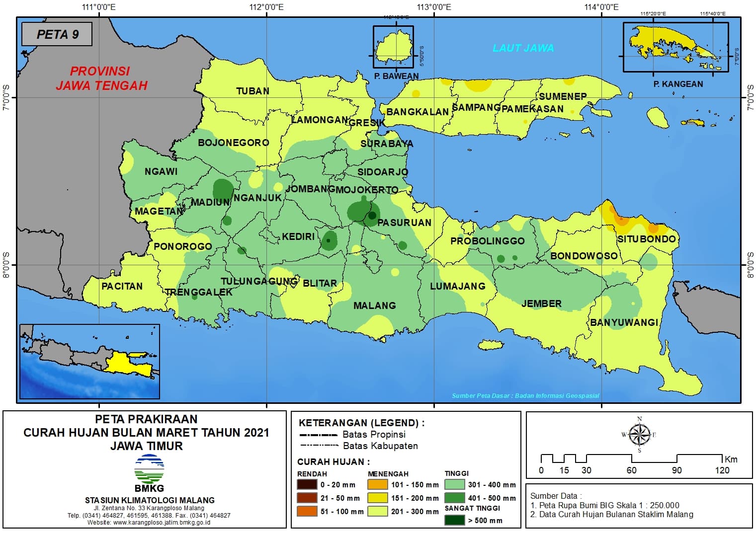 (Prakiraan - Bulanan) Curah Hujan Bulan MARET Tahun 2021 - Update dari Analisis Bulan November Tahun 2020 di Provinsi Jawa Timur
