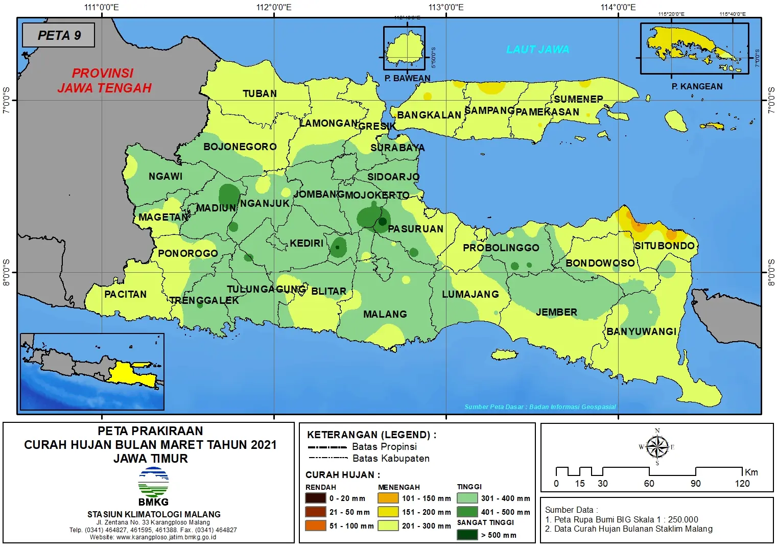(Prakiraan - Bulanan) Curah Hujan Bulan MARET Tahun 2021 - Update dari Analisis Bulan November Tahun 2020 di Provinsi Jawa Timur