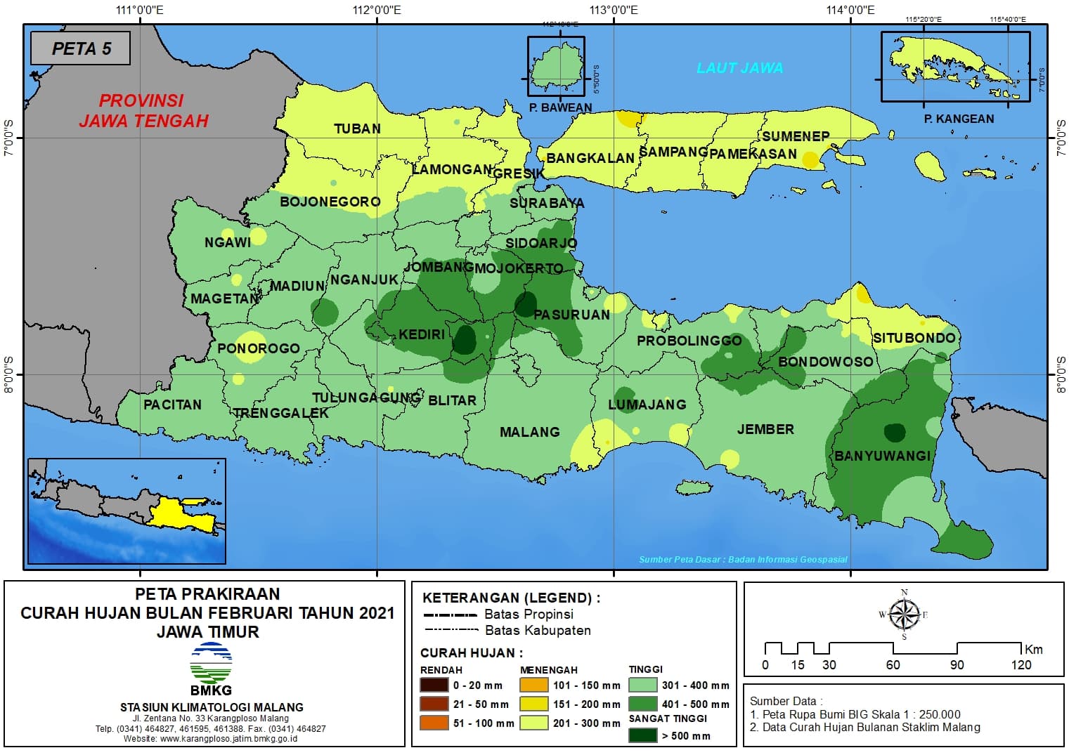 (Prakiraan - Bulanan) Curah Hujan Bulan FEBRUARI Tahun 2021 - Update dari Analisis Bulan Desember Tahun 2020 di Provinsi Jawa Timur