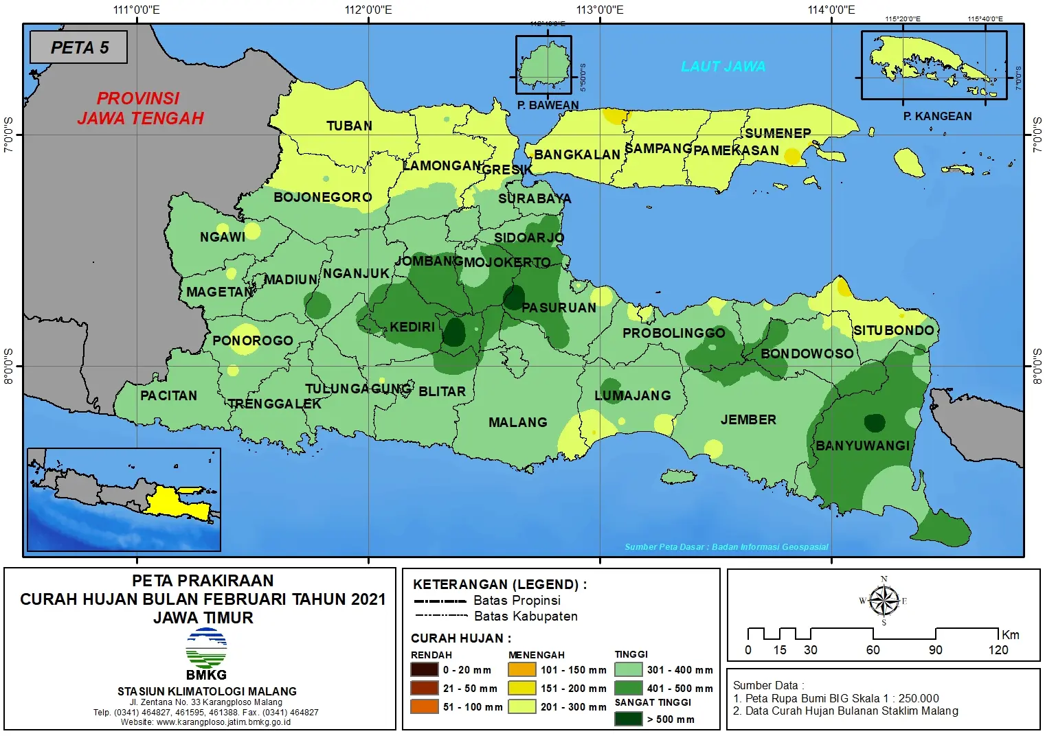 (Prakiraan - Bulanan) Curah Hujan Bulan FEBRUARI Tahun 2021 - Update dari Analisis Bulan Desember Tahun 2020 di Provinsi Jawa Timur