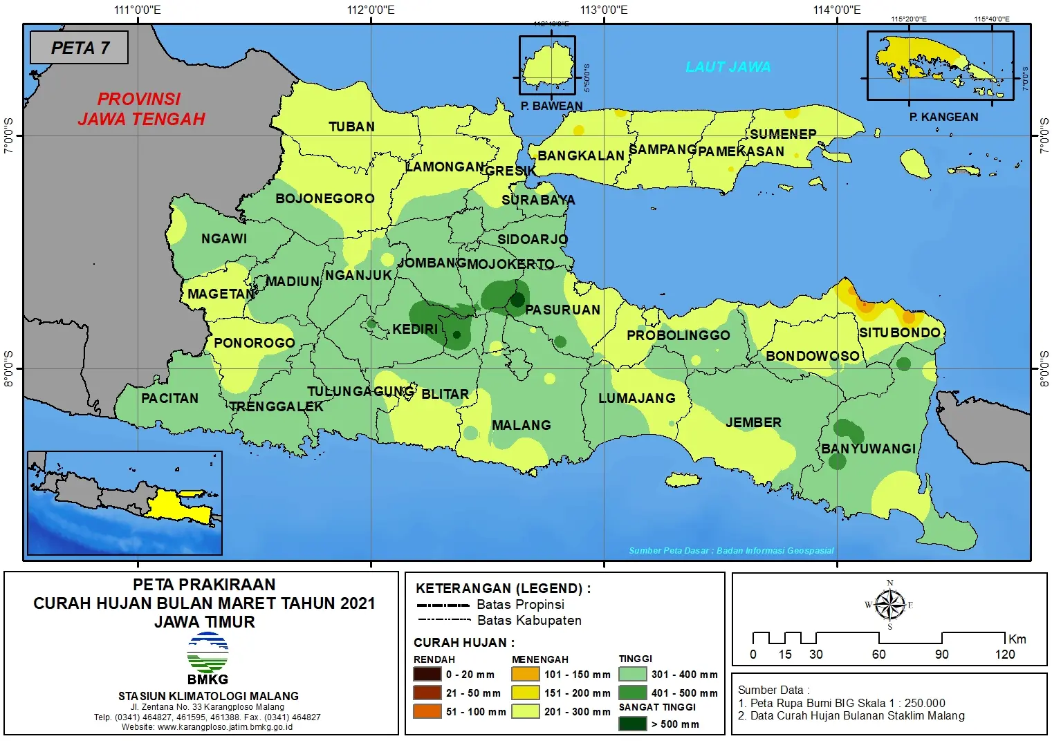 (Prakiraan - Bulanan) Curah Hujan Bulan MARET Tahun 2021 - Update dari Analisis Bulan Desember Tahun 2020 di Provinsi Jawa Timur