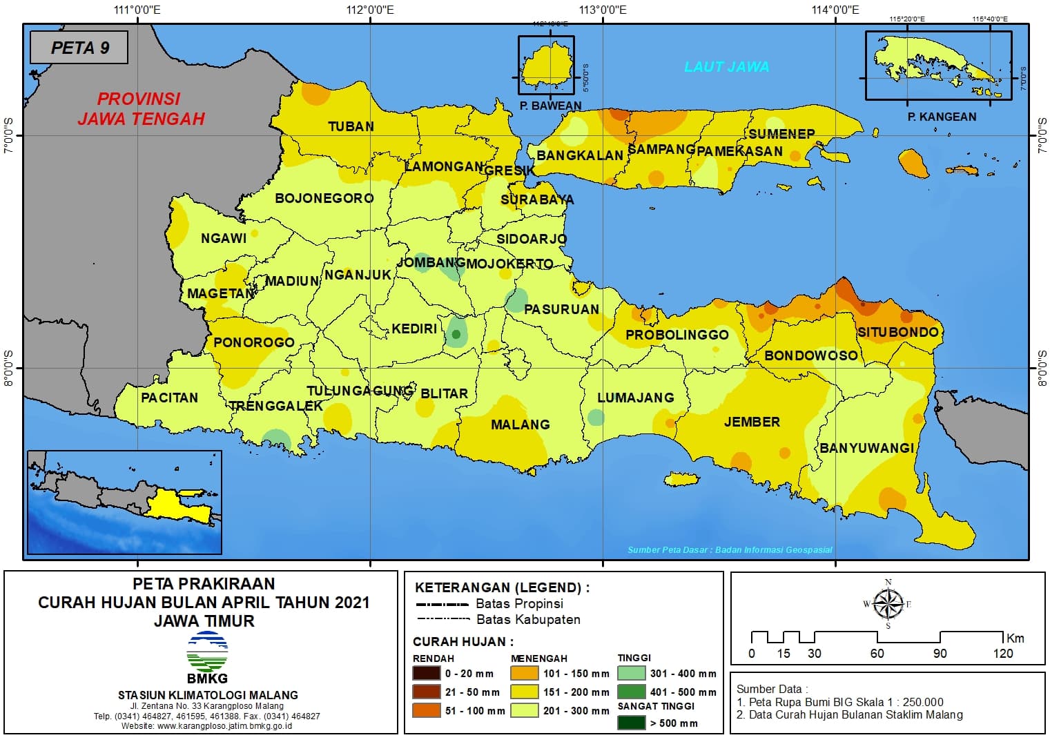 (Prakiraan - Bulanan) Curah Hujan Bulan APRIL Tahun 2021 - Update dari Analisis Bulan Desember Tahun 2020 di Provinsi Jawa Timur