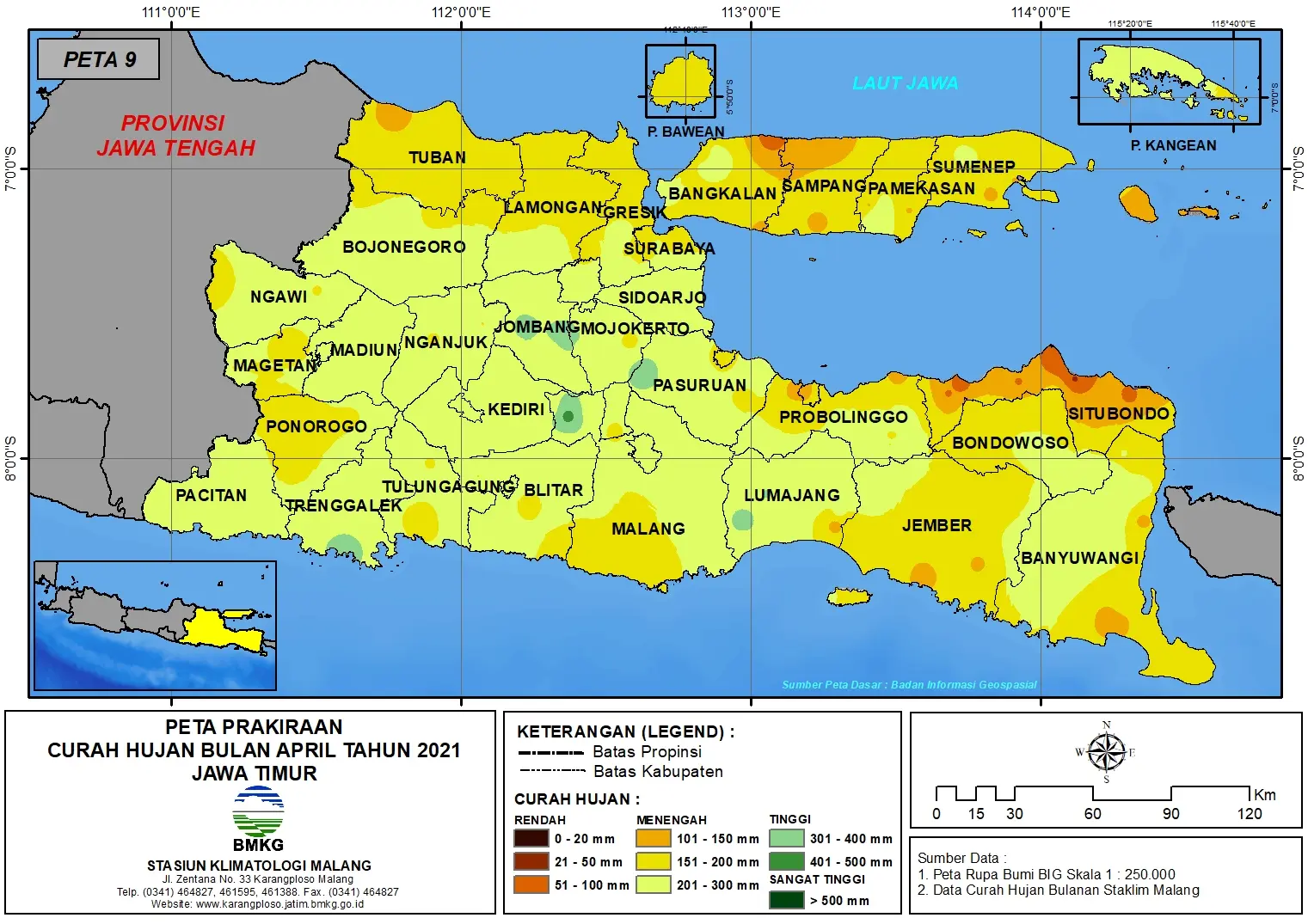 (Prakiraan - Bulanan) Curah Hujan Bulan APRIL Tahun 2021 - Update dari Analisis Bulan Desember Tahun 2020 di Provinsi Jawa Timur