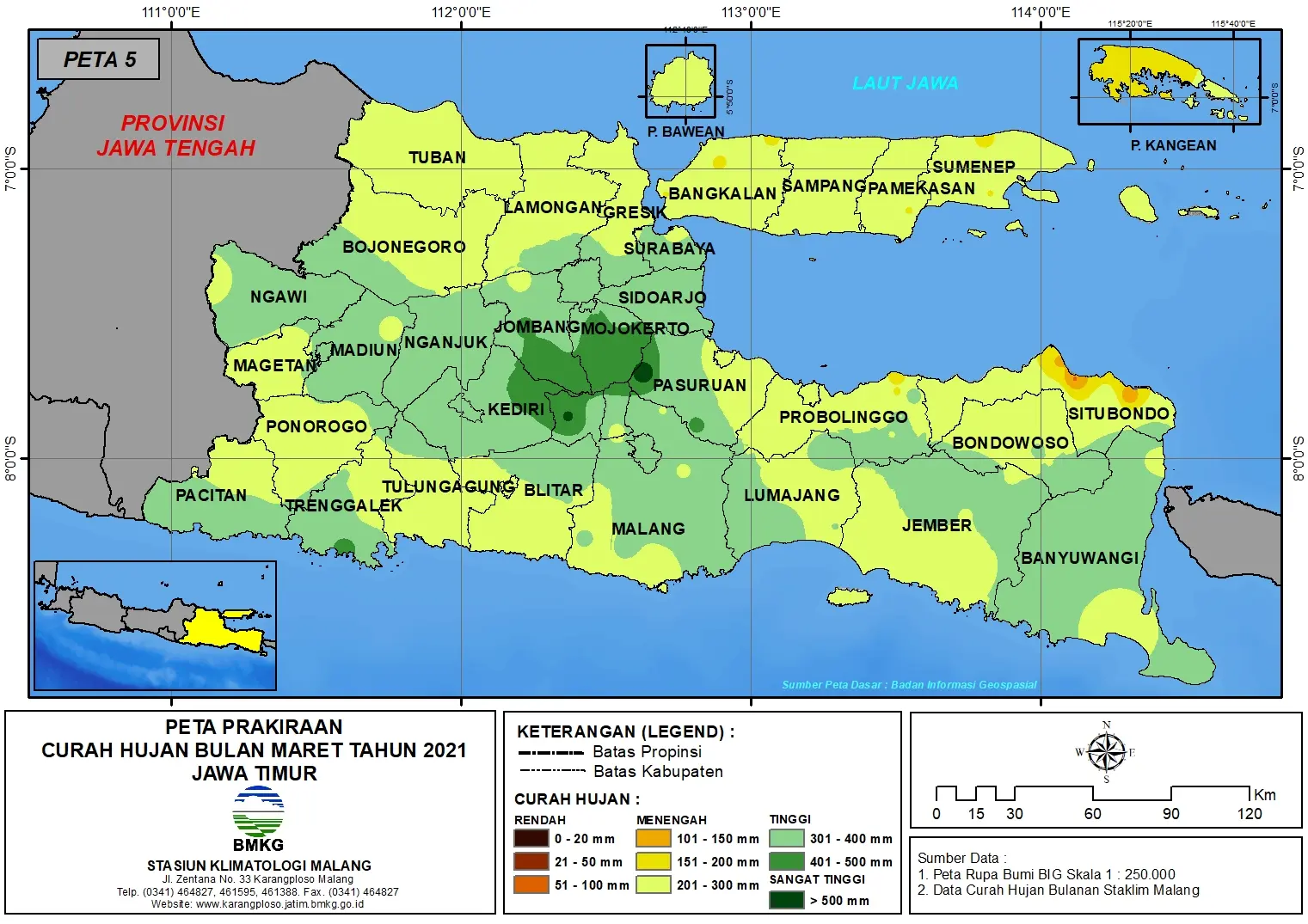 (Prakiraan - Bulanan) Curah Hujan Bulan MARET Tahun 2021 - Update dari Analisis Bulan Januari Tahun 2021 di Provinsi Jawa Timur