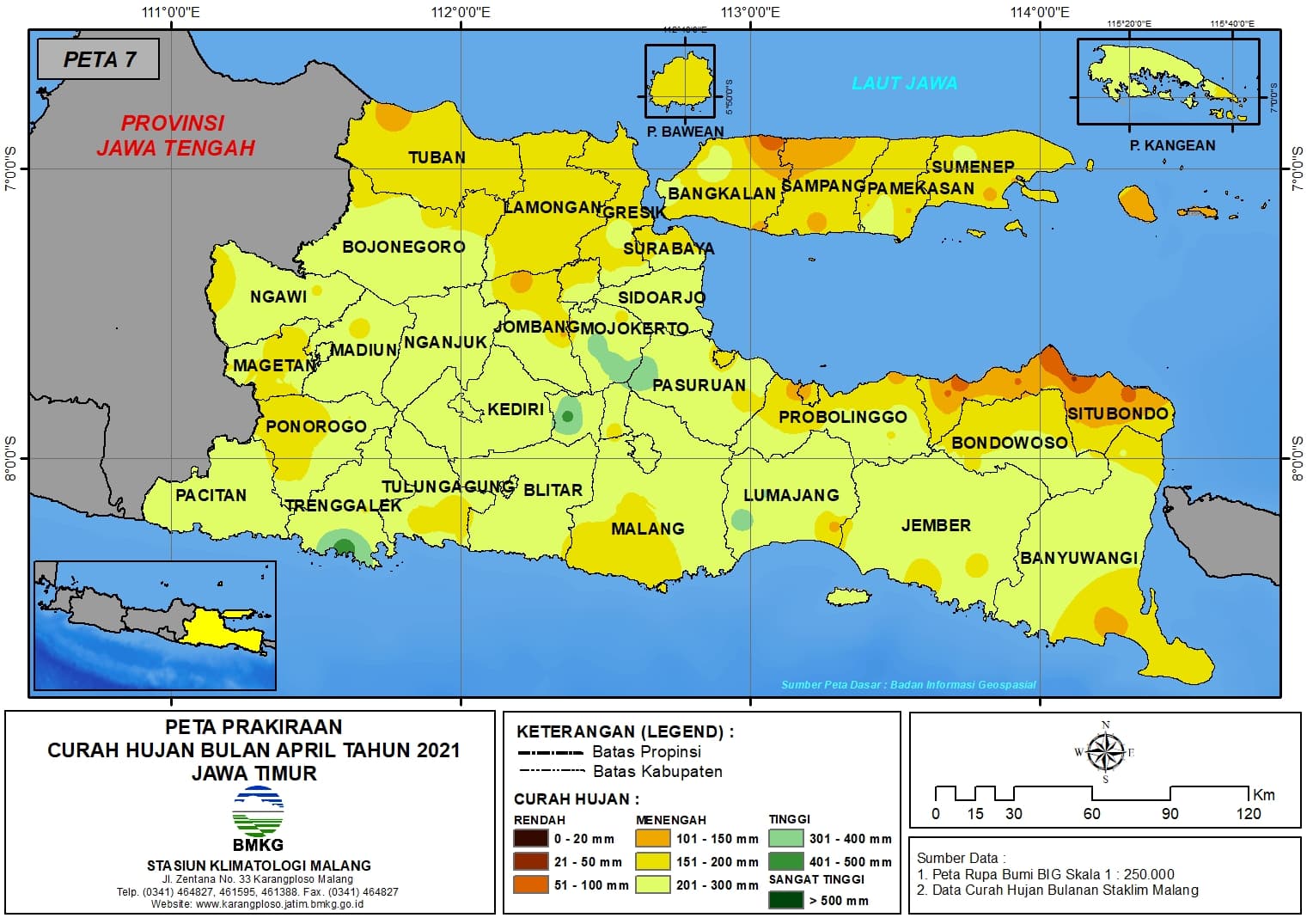 (Prakiraan - Bulanan) Curah Hujan Bulan APRIL Tahun 2021 - Update dari Analisis Bulan Januari Tahun 2021 di Provinsi Jawa Timur