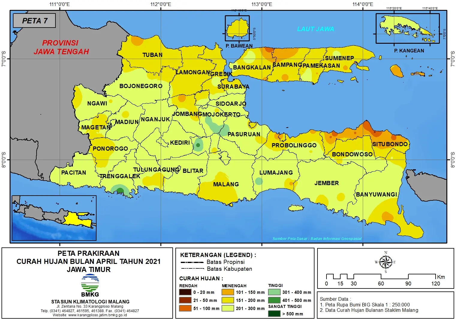 (Prakiraan - Bulanan) Curah Hujan Bulan APRIL Tahun 2021 - Update dari Analisis Bulan Januari Tahun 2021 di Provinsi Jawa Timur