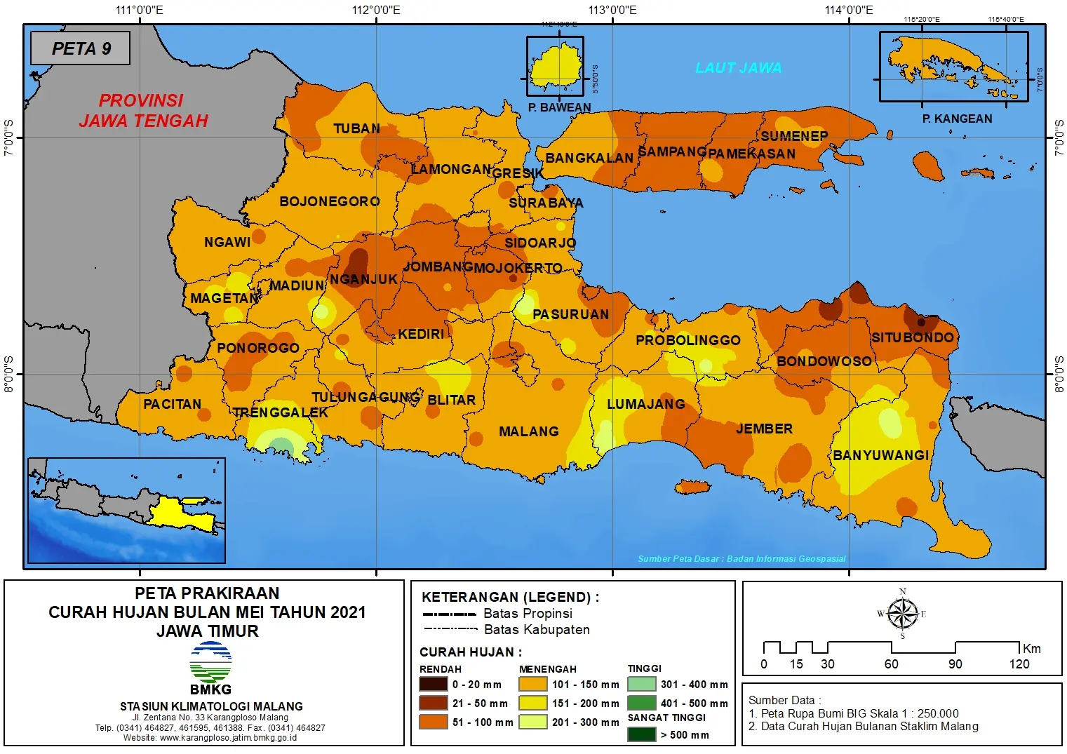 (Prakiraan - Bulanan) Curah Hujan Bulan MEI Tahun 2021 - Update dari Analisis Bulan Januari Tahun 2021 di Provinsi Jawa Timur