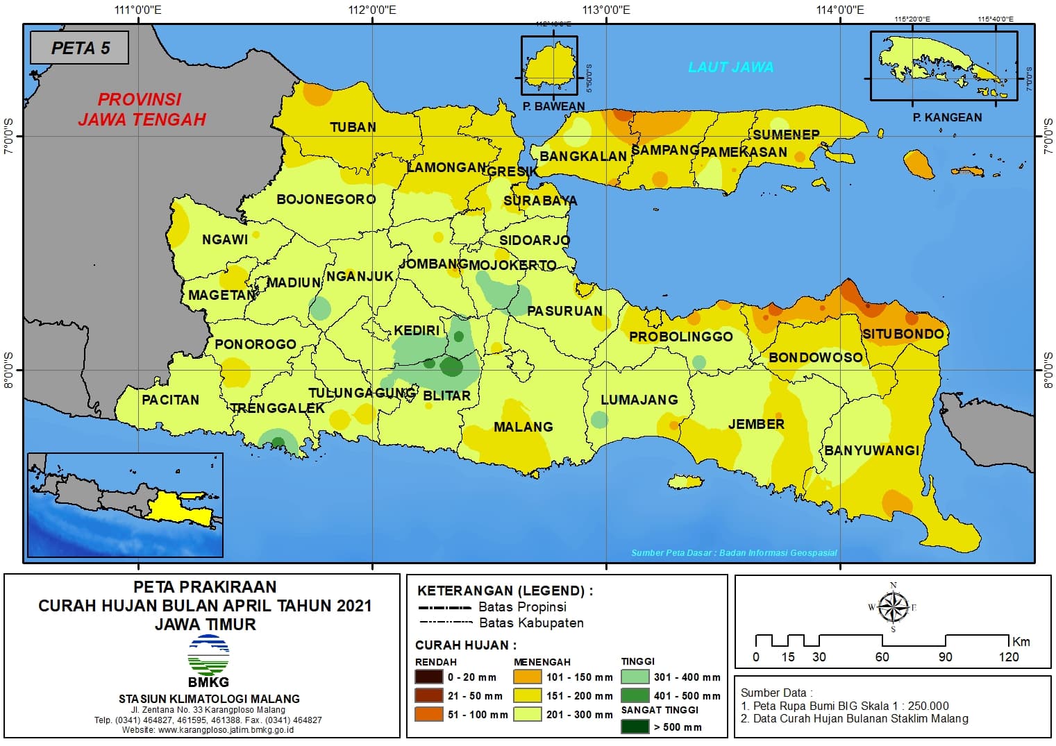 (Prakiraan - Bulanan) Curah Hujan Bulan APRIL Tahun 2021 - Update dari Analisis Bulan Februari Tahun 2021 di Provinsi Jawa Timur