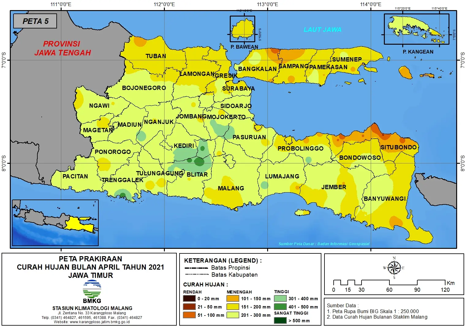 (Prakiraan - Bulanan) Curah Hujan Bulan APRIL Tahun 2021 - Update dari Analisis Bulan Februari Tahun 2021 di Provinsi Jawa Timur