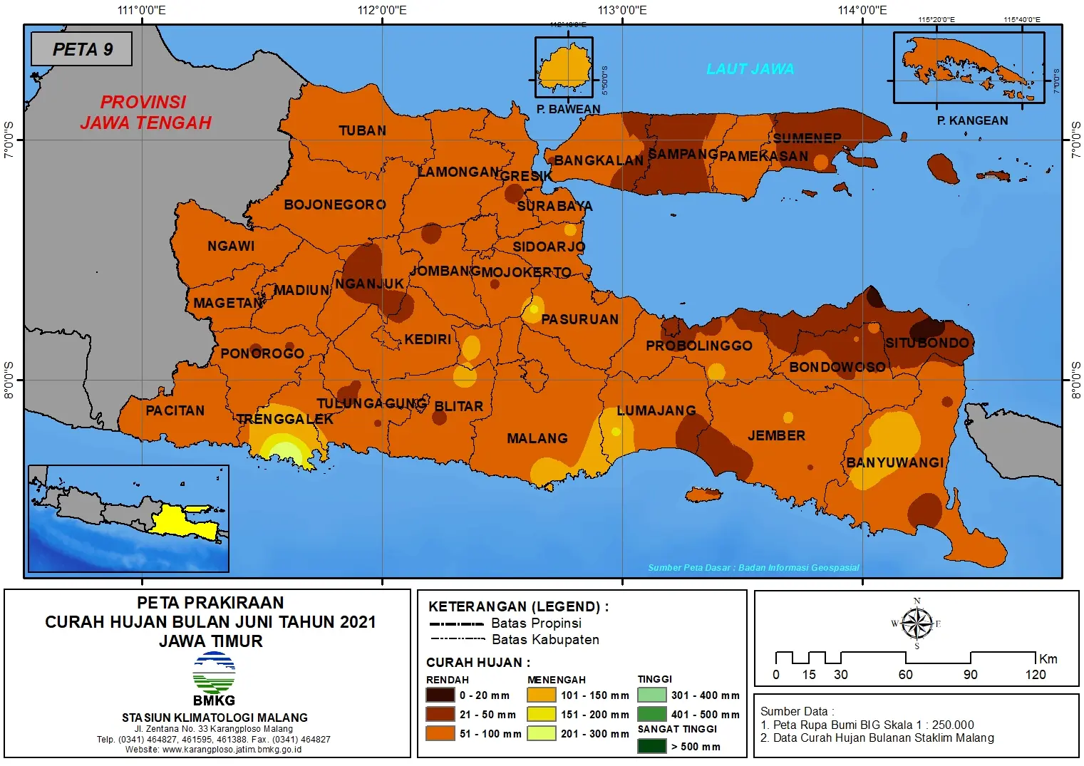 (Prakiraan - Bulanan) Curah Hujan Bulan JUNI Tahun 2021 - Update dari Analisis Bulan Februari Tahun 2021 di Provinsi Jawa Timur