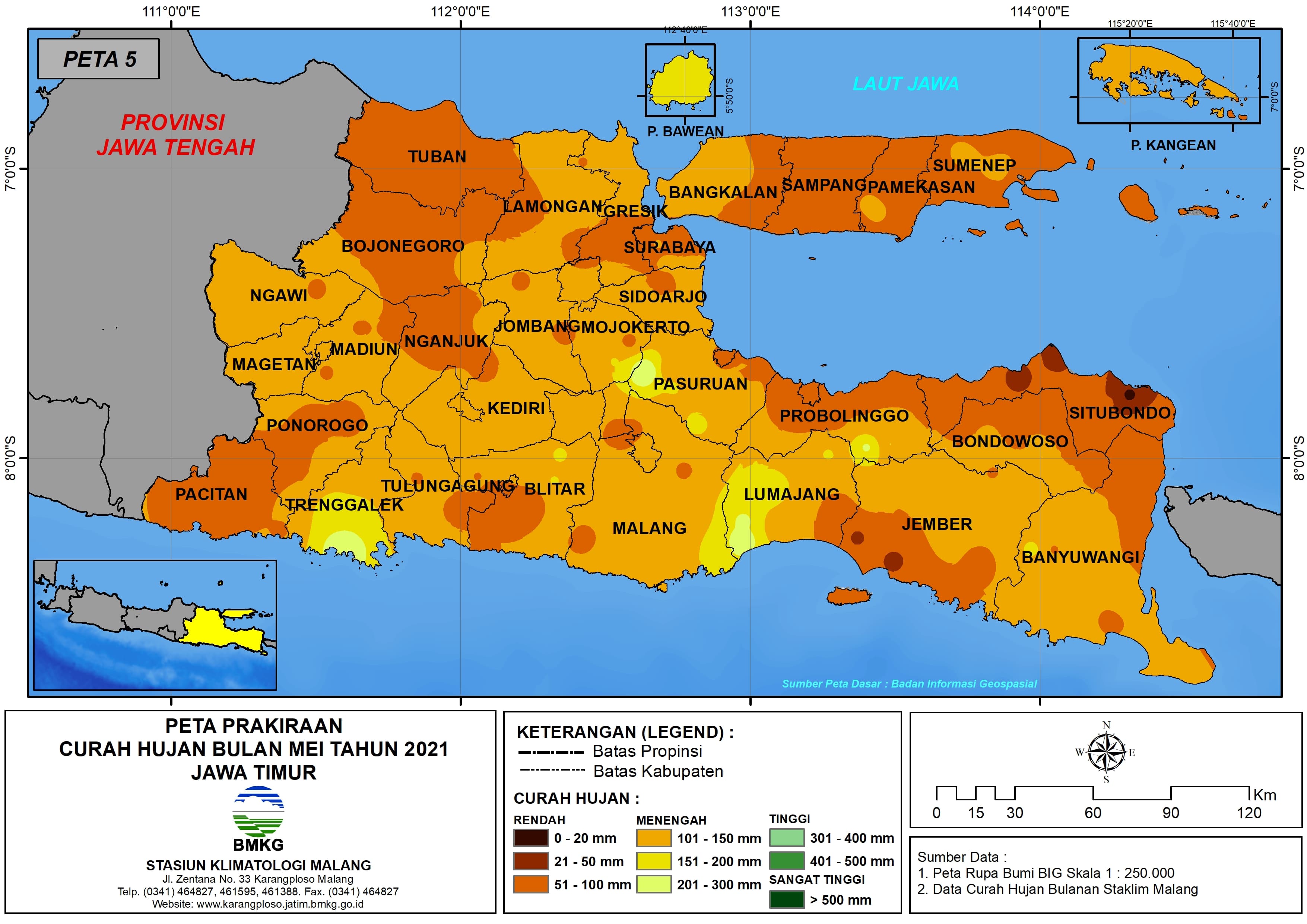 (Prakiraan - Bulanan) Curah Hujan Bulan MEI Tahun 2021 - Update dari Analisis Bulan Maret Tahun 2021 di Provinsi Jawa Timur