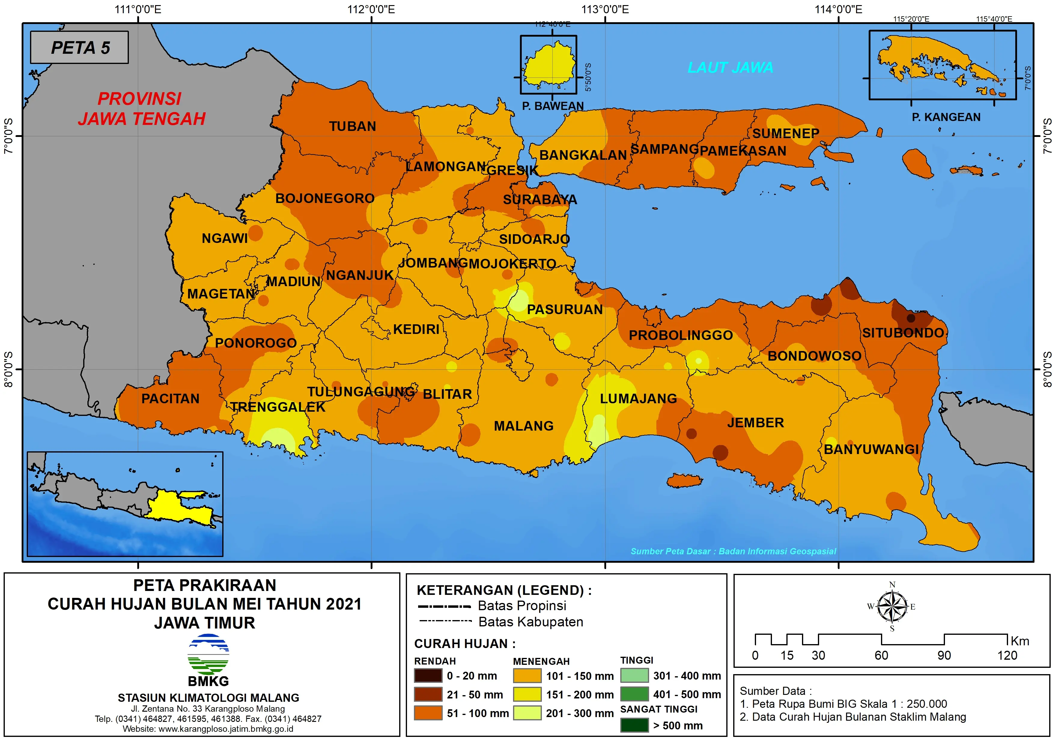 (Prakiraan - Bulanan) Curah Hujan Bulan MEI Tahun 2021 - Update dari Analisis Bulan Maret Tahun 2021 di Provinsi Jawa Timur