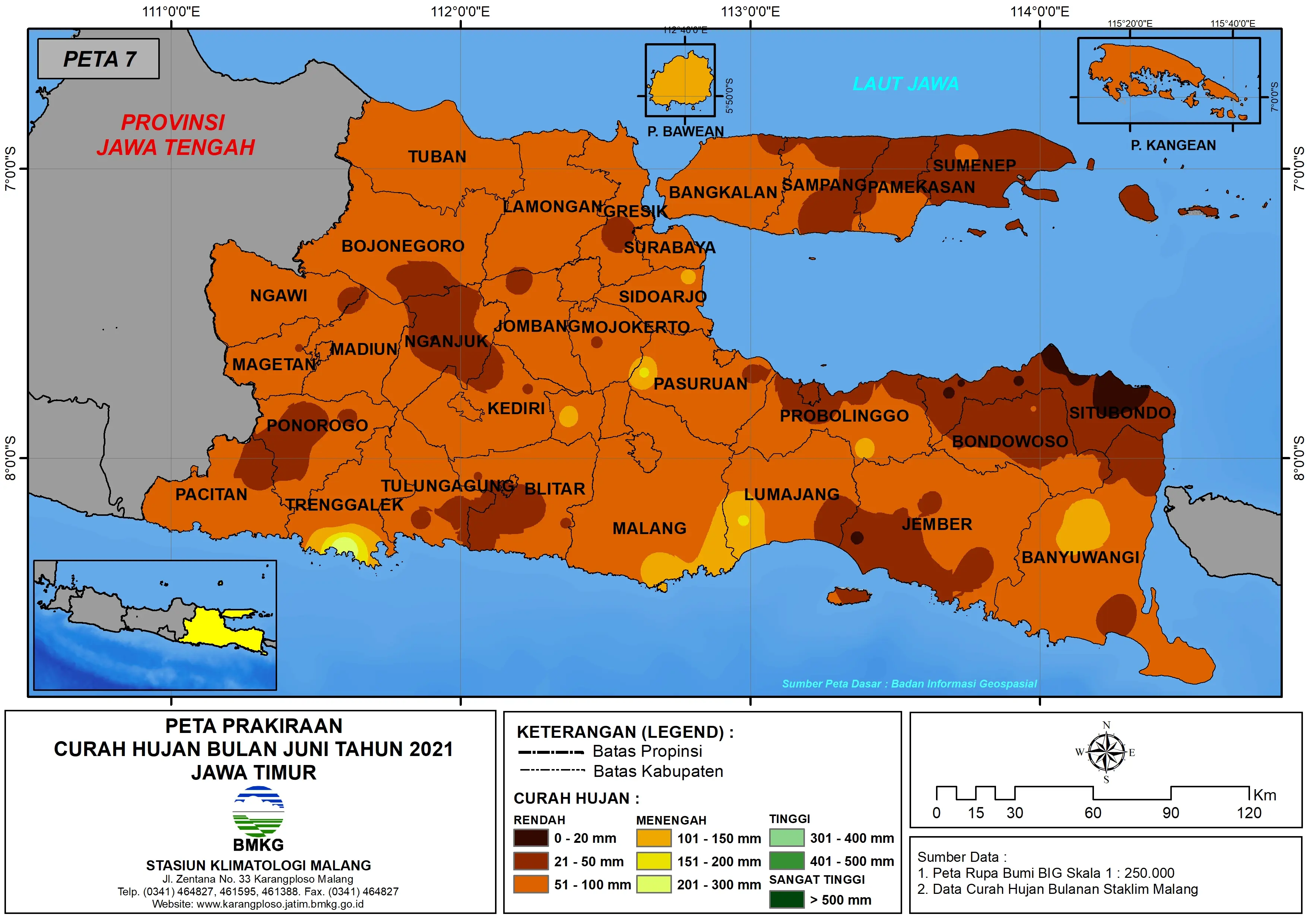 (Prakiraan - Bulanan) Curah Hujan Bulan JUNI Tahun 2021 - Update dari Analisis Bulan Maret Tahun 2021 di Provinsi Jawa Timur