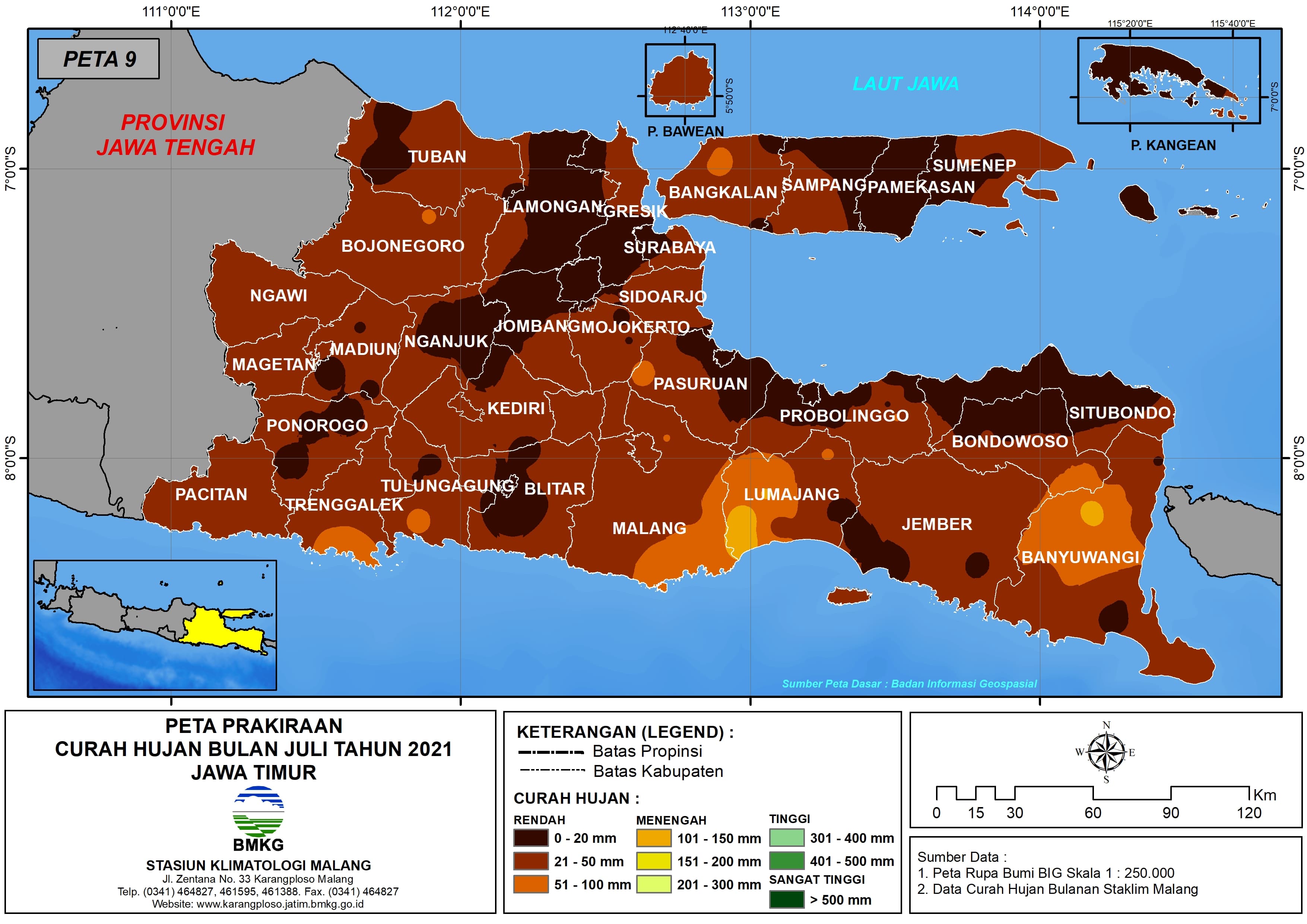(Prakiraan - Bulanan) Curah Hujan Bulan JULI Tahun 2021 - Update dari Analisis Bulan Maret Tahun 2021 di Provinsi Jawa Timur