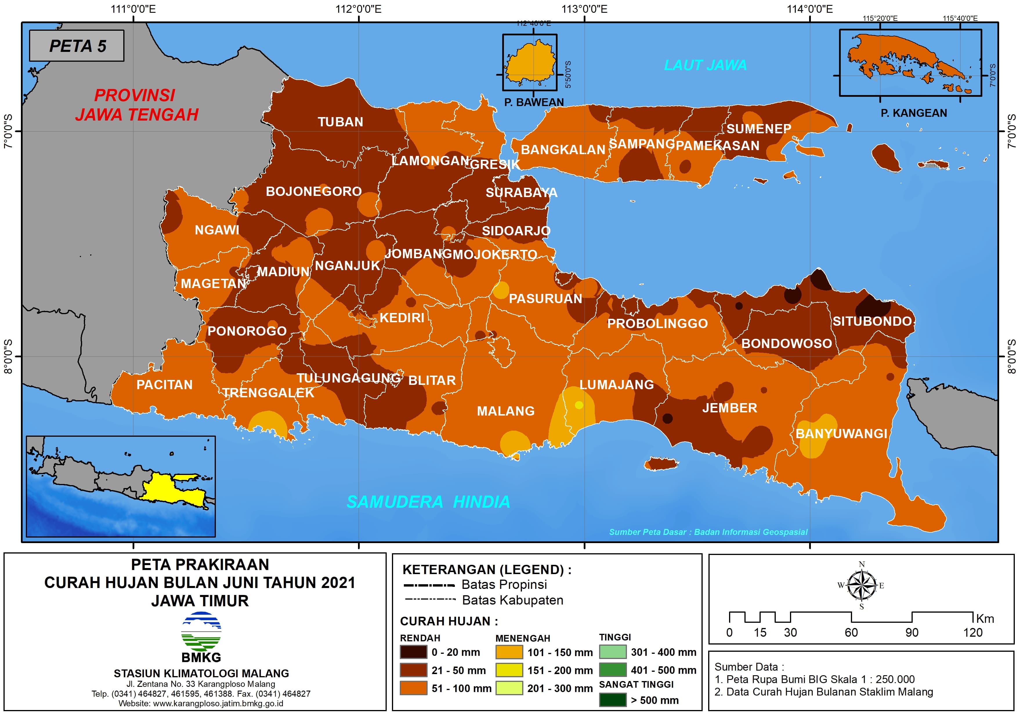 (Prakiraan - Bulanan) Curah Hujan Bulan JUNI Tahun 2021 - Update dari Analisis Bulan April Tahun 2021 di Provinsi Jawa Timur