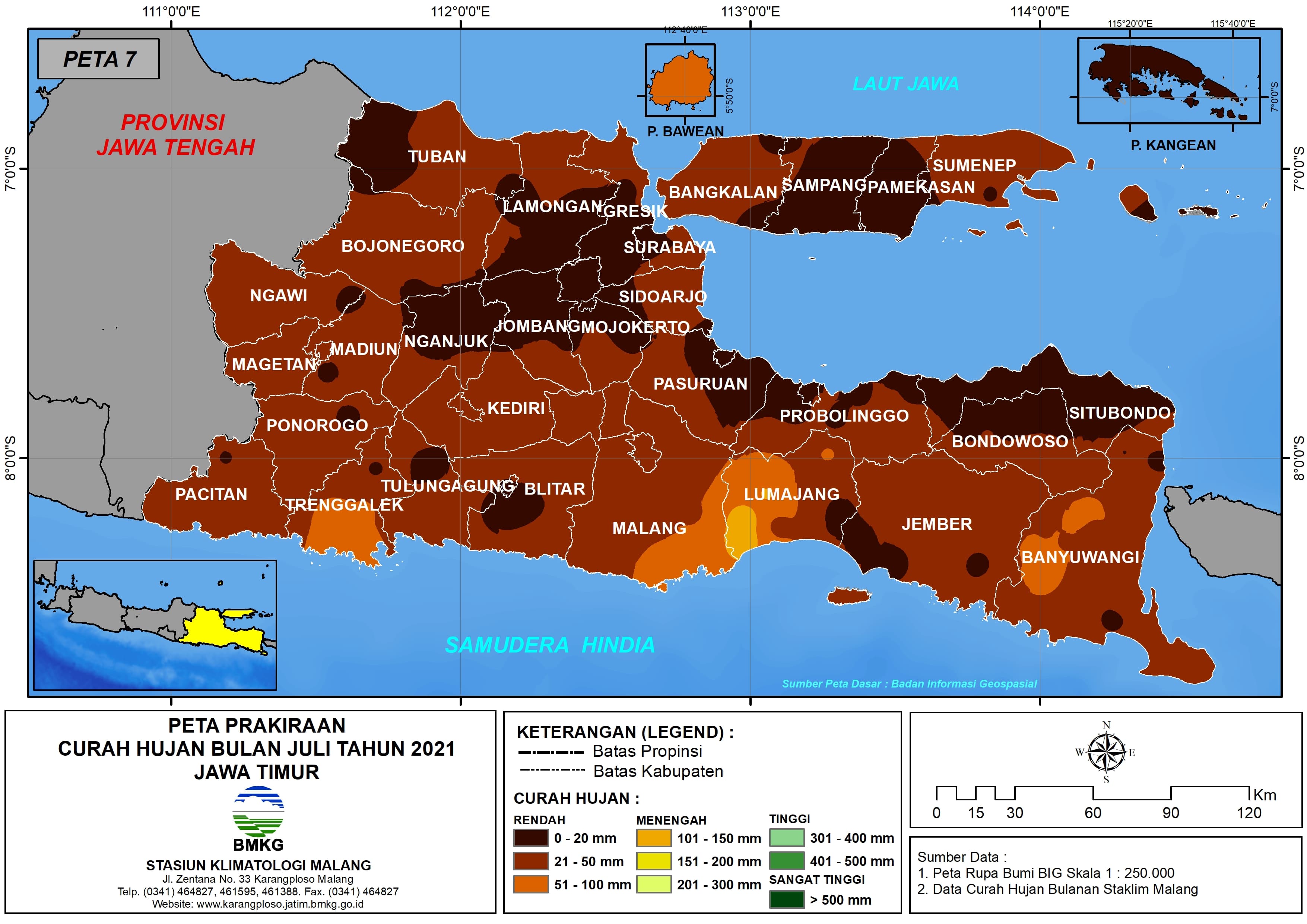 (Prakiraan - Bulanan) Curah Hujan Bulan JULI Tahun 2021 - Update dari Analisis Bulan April Tahun 2021 di Provinsi Jawa Timur