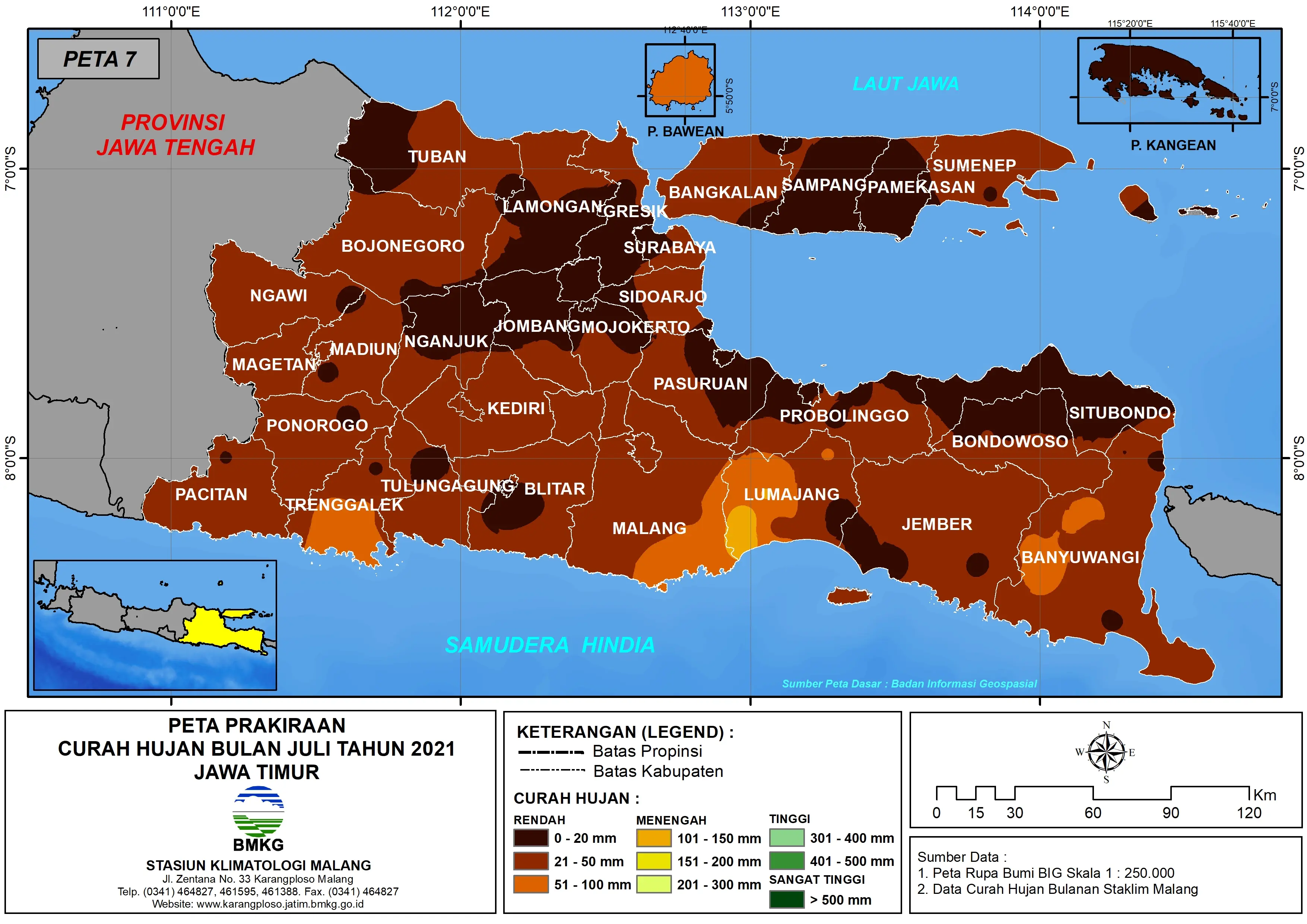 (Prakiraan - Bulanan) Curah Hujan Bulan JULI Tahun 2021 - Update dari Analisis Bulan April Tahun 2021 di Provinsi Jawa Timur