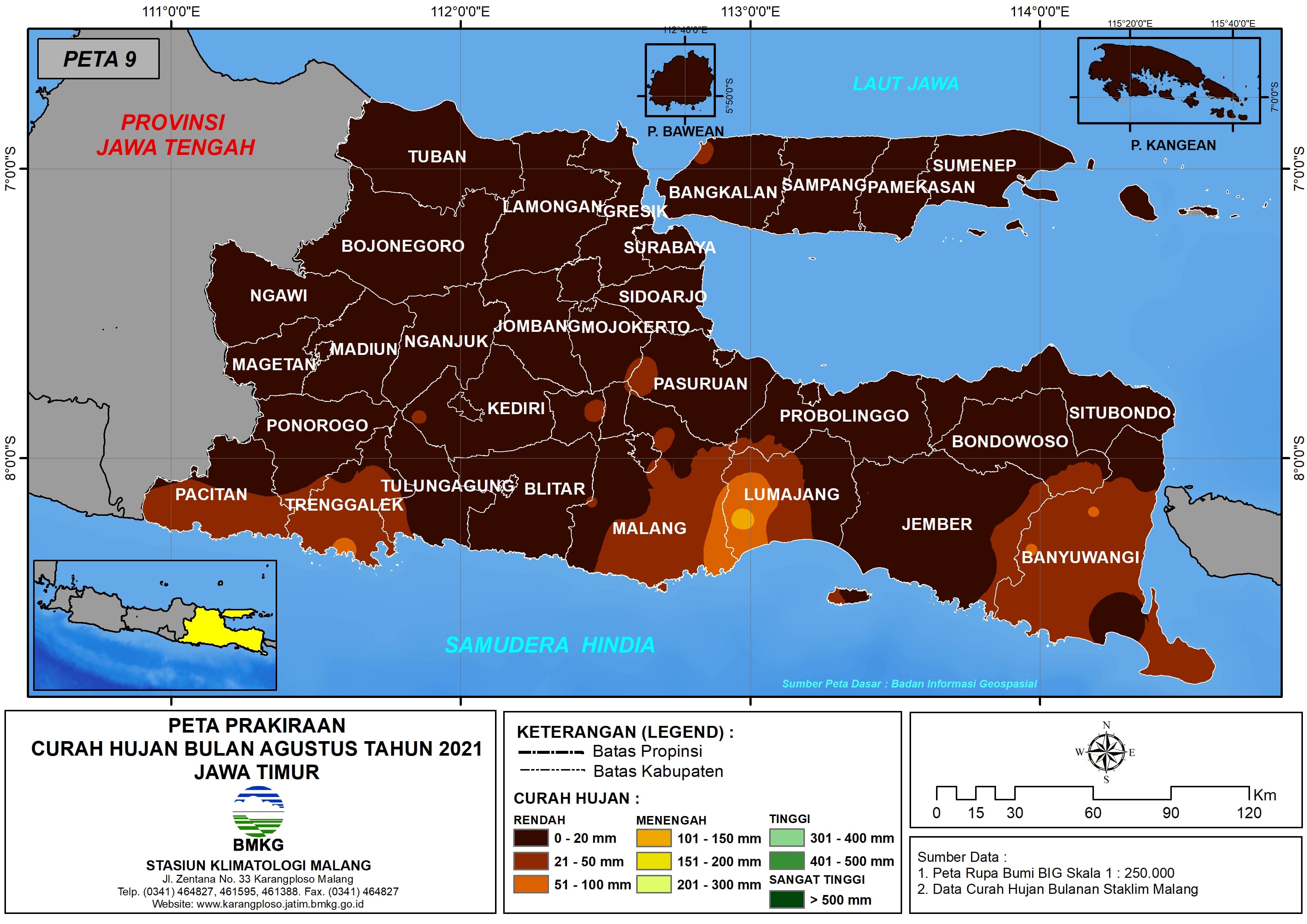 (Prakiraan - Bulanan) Curah Hujan Bulan AGUSTUS Tahun 2021 - Update dari Analisis Bulan April Tahun 2021 di Provinsi Jawa Timur