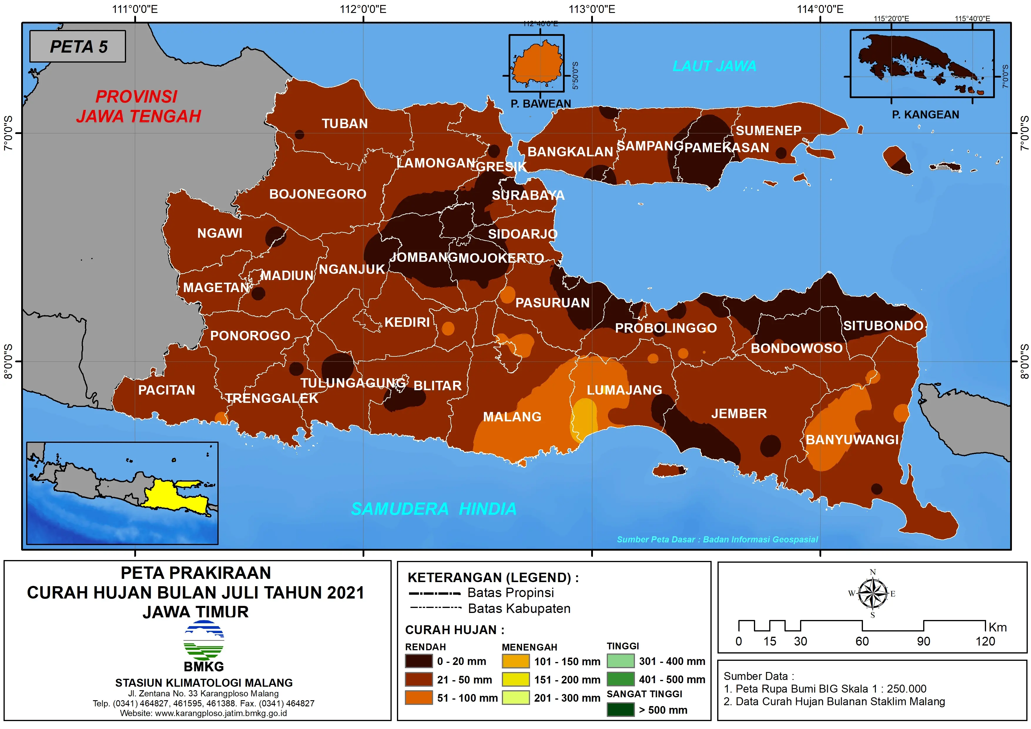 (Prakiraan - Bulanan) Curah Hujan Bulan JULI Tahun 2021 - Update dari Analisis Bulan Mei Tahun 2021 di Provinsi Jawa Timur
