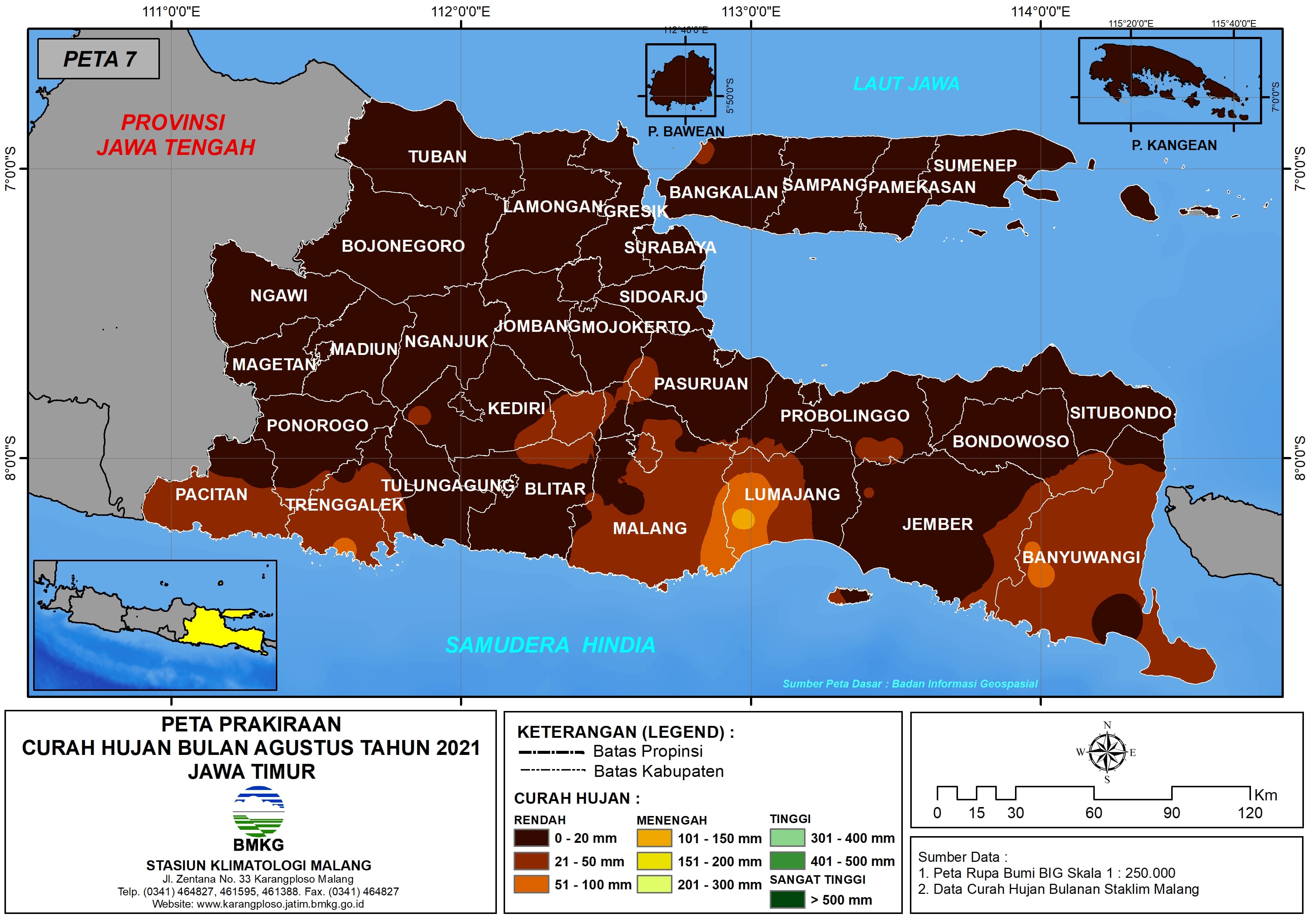 (Prakiraan - Bulanan) Curah Hujan Bulan AGUSTUS Tahun 2021 - Update dari Analisis Bulan Mei Tahun 2021 di Provinsi Jawa Timur