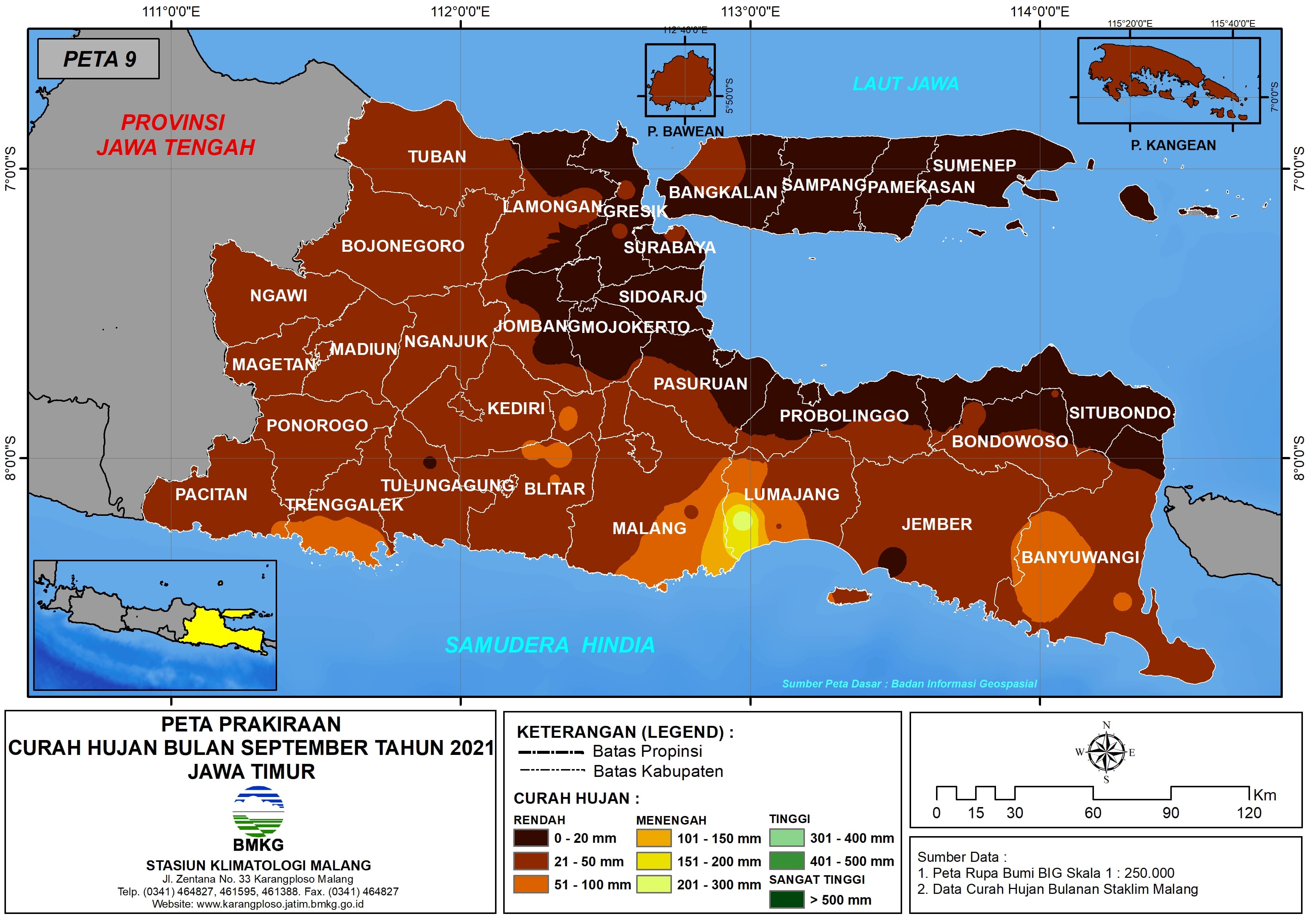 (Prakiraan - Bulanan) Curah Hujan Bulan SEPTEMBER Tahun 2021 - Update dari Analisis Bulan Mei Tahun 2021 di Provinsi Jawa Timur