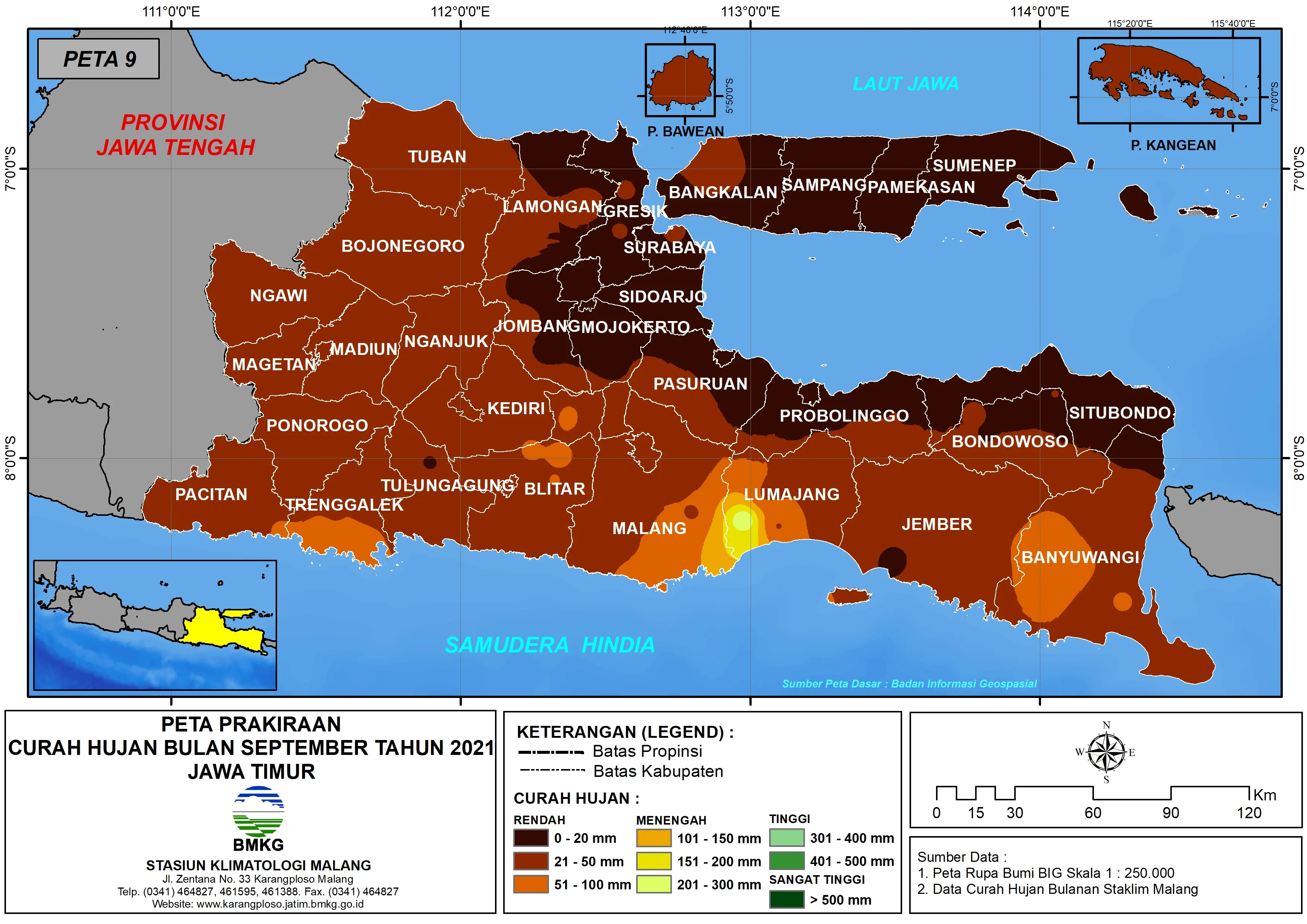 (Prakiraan - Bulanan) Curah Hujan Bulan SEPTEMBER Tahun 2021 - Update dari Analisis Bulan Mei Tahun 2021 di Provinsi Jawa Timur