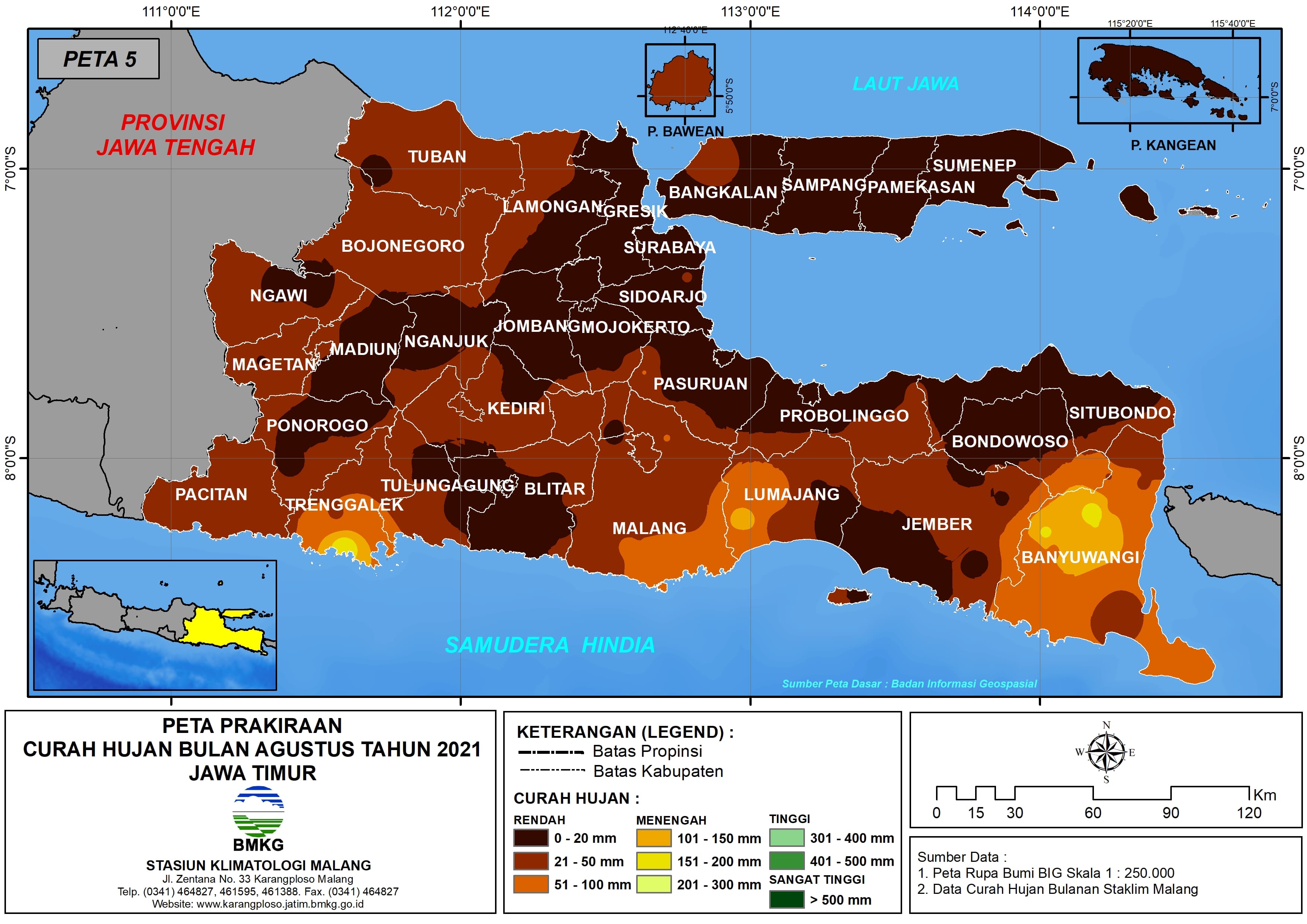 (Prakiraan - Bulanan) Curah Hujan Bulan AGUSTUS Tahun 2021 - Update dari Analisis Bulan Juni Tahun 2021 di Provinsi Jawa Timur
