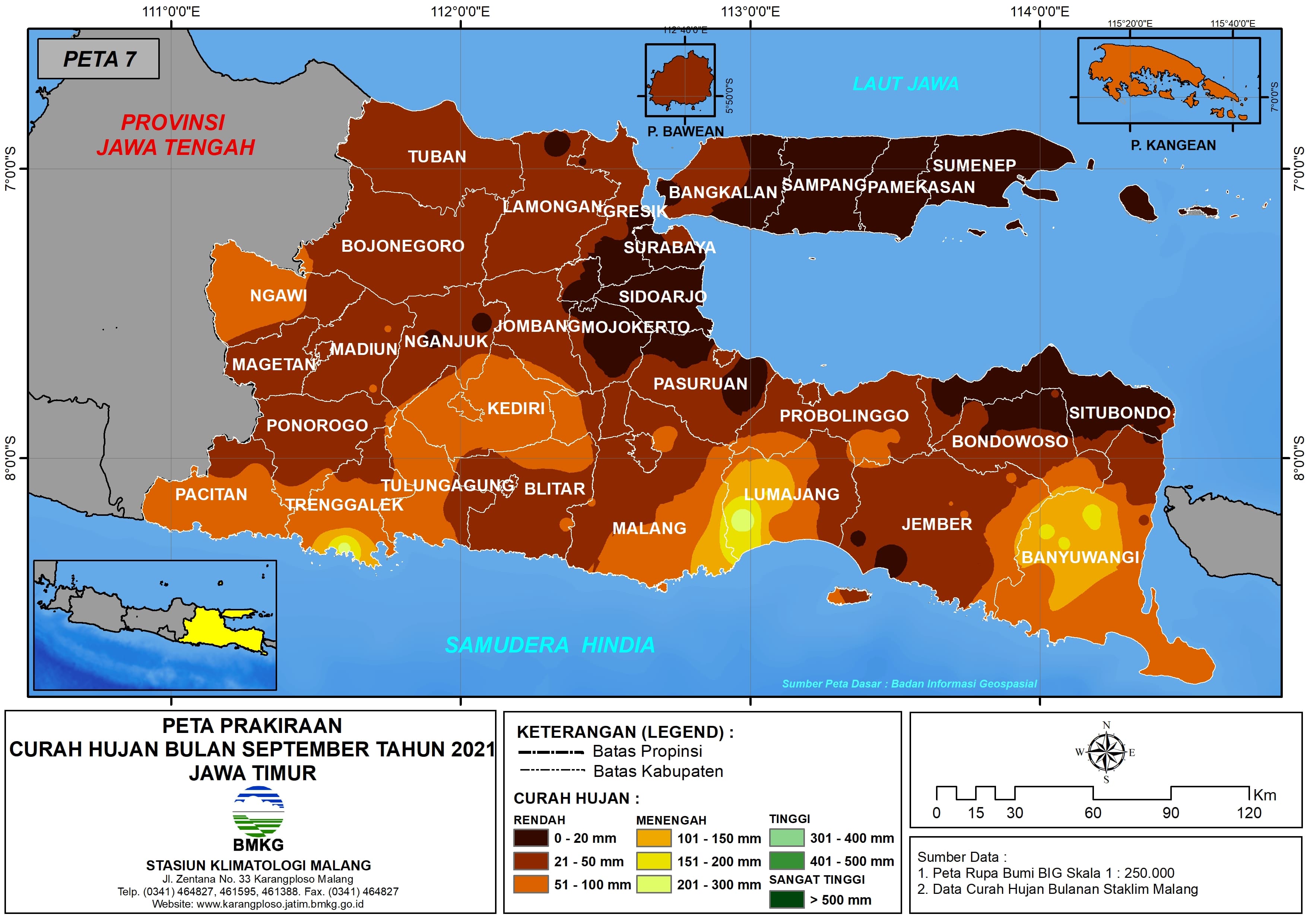 (Prakiraan - Bulanan) Curah Hujan Bulan SEPTEMBER Tahun 2021 - Update dari Analisis Bulan Juni Tahun 2021 di Provinsi Jawa Timur