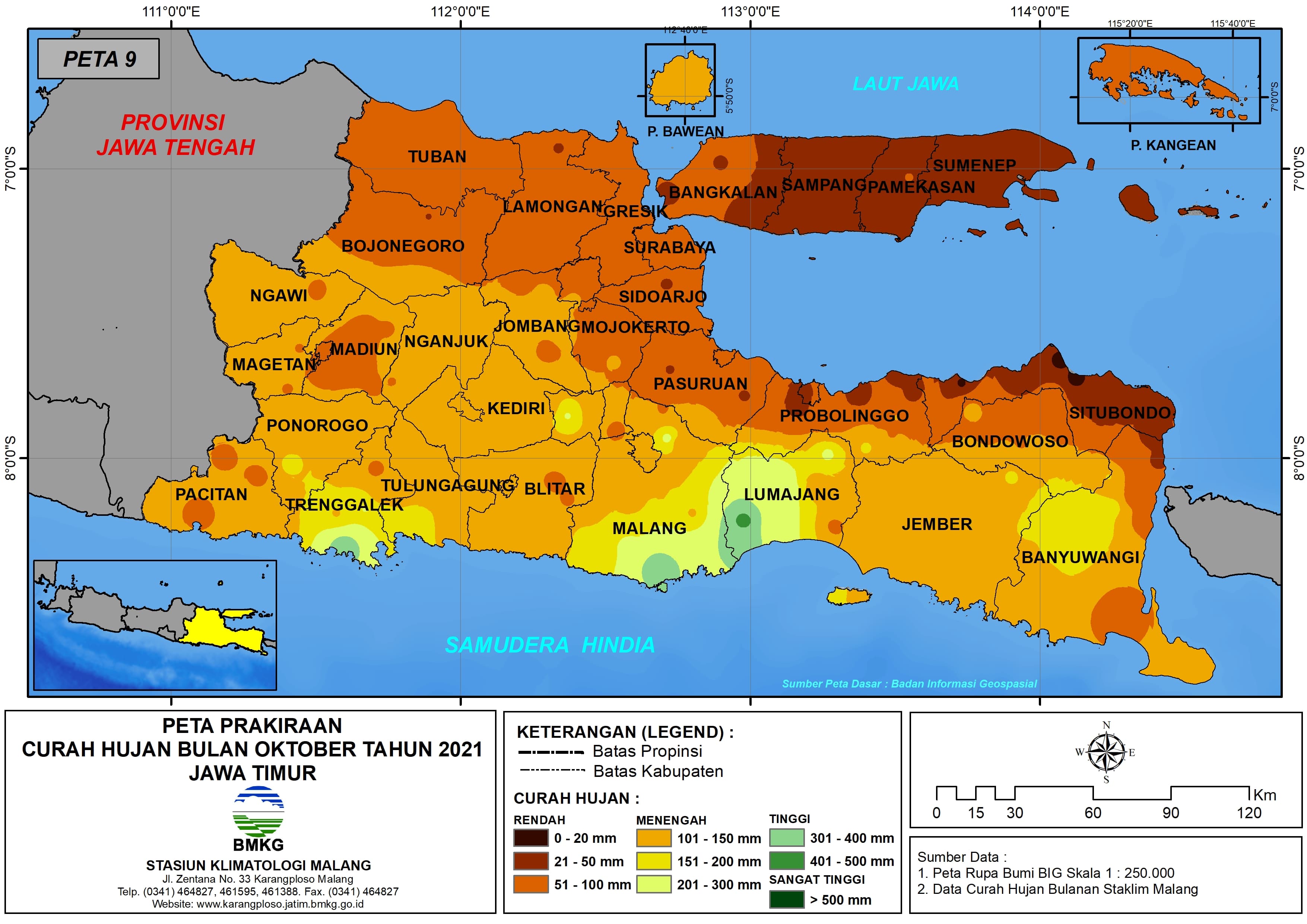 (Prakiraan - Bulanan) Curah Hujan Bulan OKTOBER Tahun 2021 - Update dari Analisis Bulan Juni Tahun 2021 di Provinsi Jawa Timur