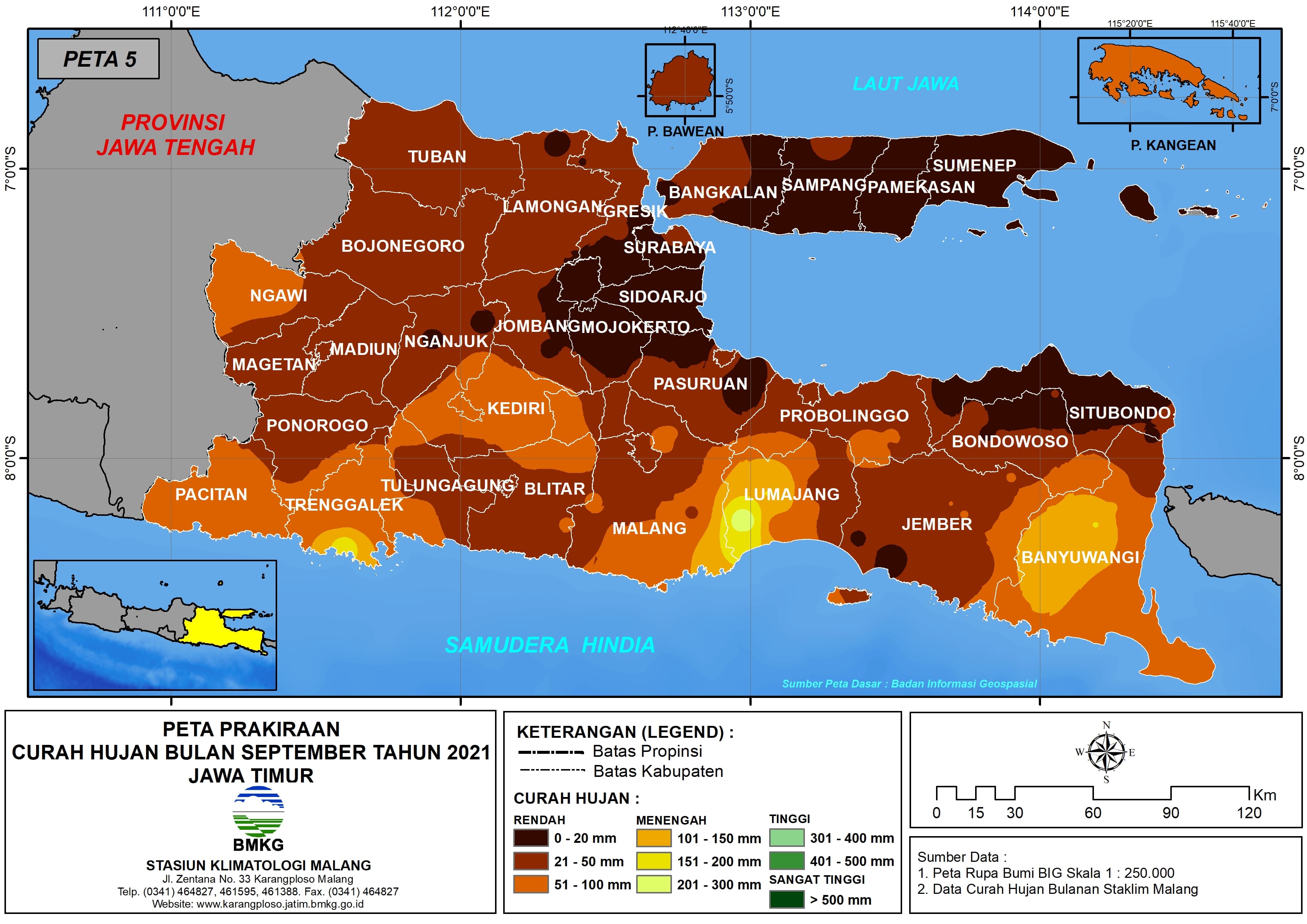 (Prakiraan - Bulanan) Curah Hujan Bulan SEPTEMBER Tahun 2021 - Update dari Analisis Bulan Juli Tahun 2021 di Provinsi Jawa Timur