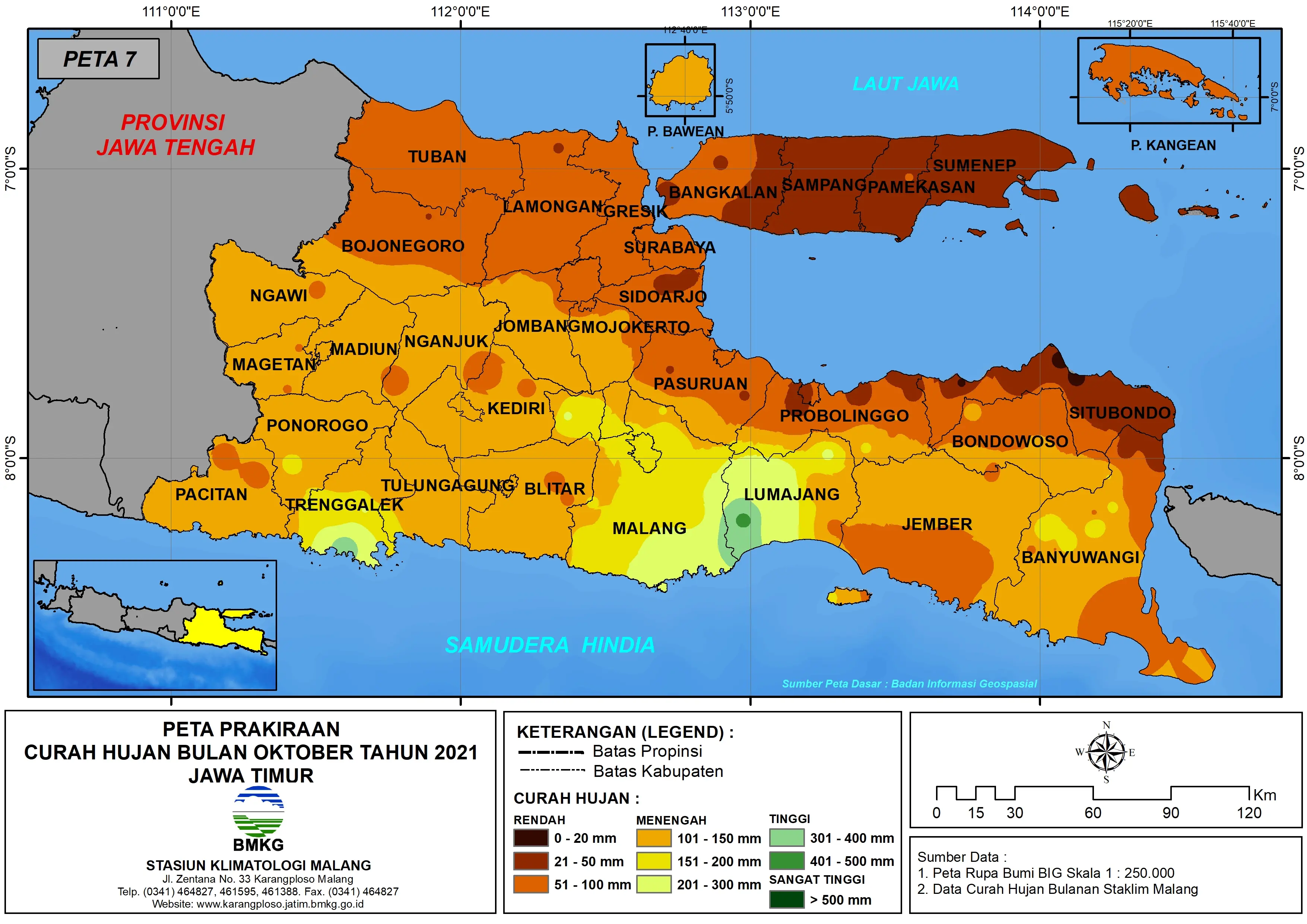 (Prakiraan - Bulanan) Curah Hujan Bulan OKTOBER Tahun 2021 - Update dari Analisis Bulan Juli Tahun 2021 di Provinsi Jawa Timur