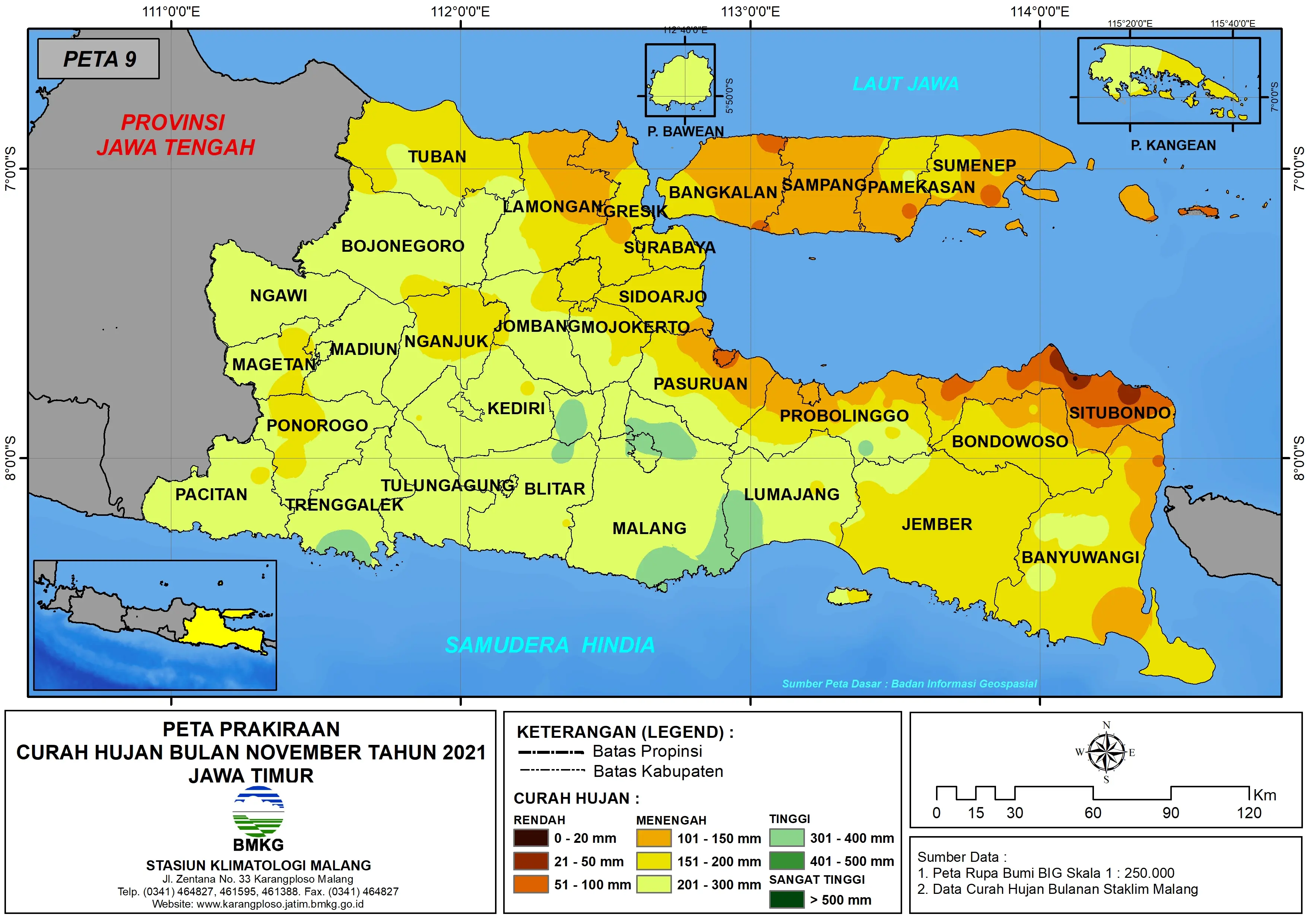 (Prakiraan - Bulanan) Curah Hujan Bulan NOVEMBER Tahun 2021 - Update dari Analisis Bulan Juli Tahun 2021 di Provinsi Jawa Timur