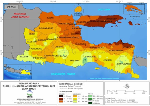 (Prakiraan - Bulanan) Curah Hujan Bulan OKTOBER Tahun 2021 - Update dari Analisis Bulan Agustus Tahun 2021 di Provinsi Jawa Timur