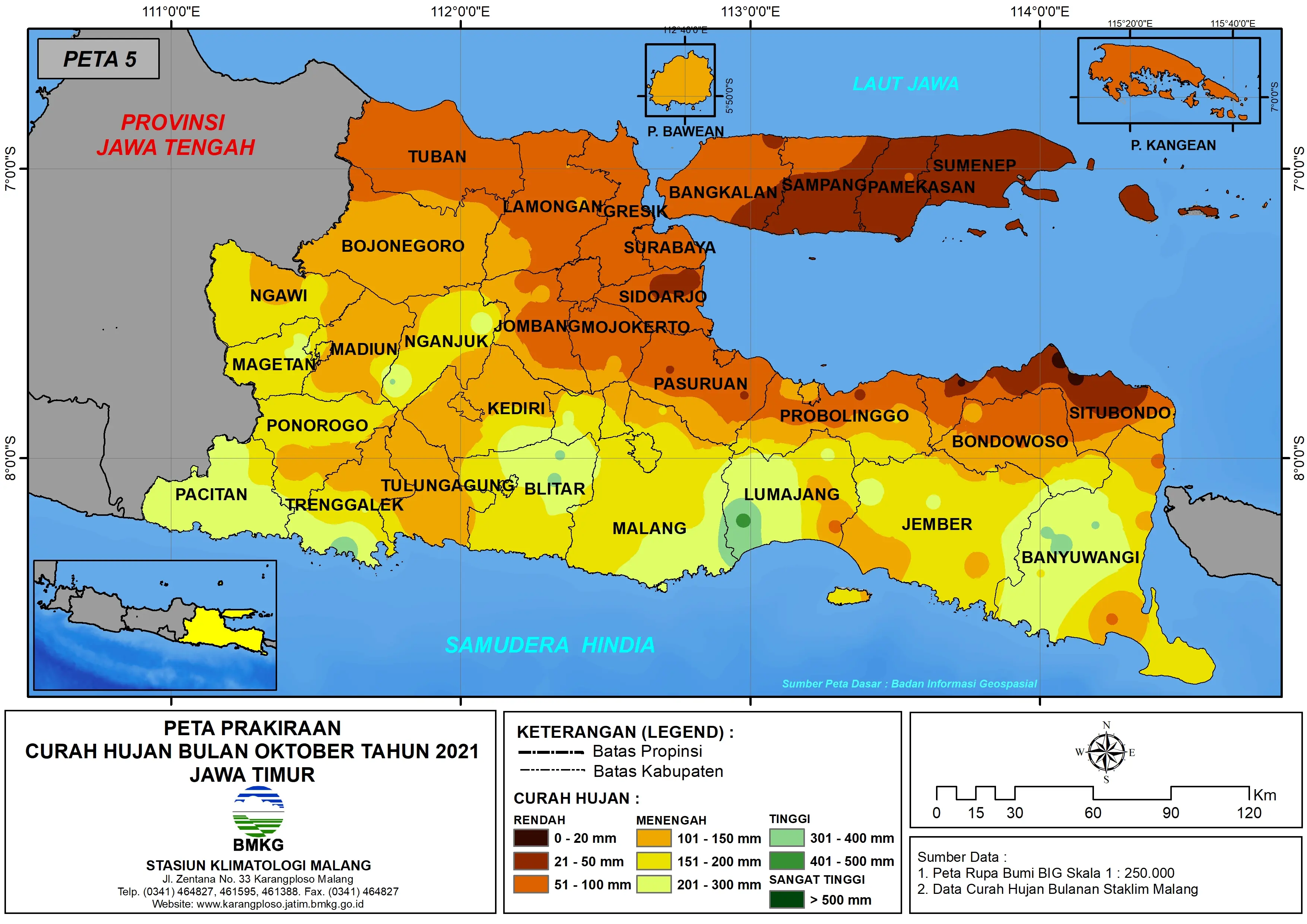 (Prakiraan - Bulanan) Curah Hujan Bulan OKTOBER Tahun 2021 - Update dari Analisis Bulan Agustus Tahun 2021 di Provinsi Jawa Timur