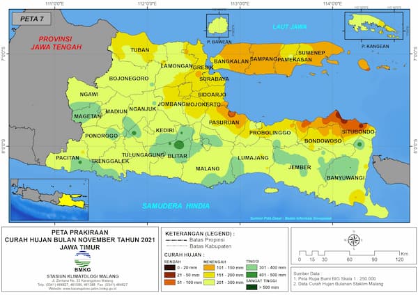 (Prakiraan - Bulanan) Curah Hujan Bulan NOVEMBER Tahun 2021 - Update dari Analisis Bulan Agustus Tahun 2021 di Provinsi Jawa Timur