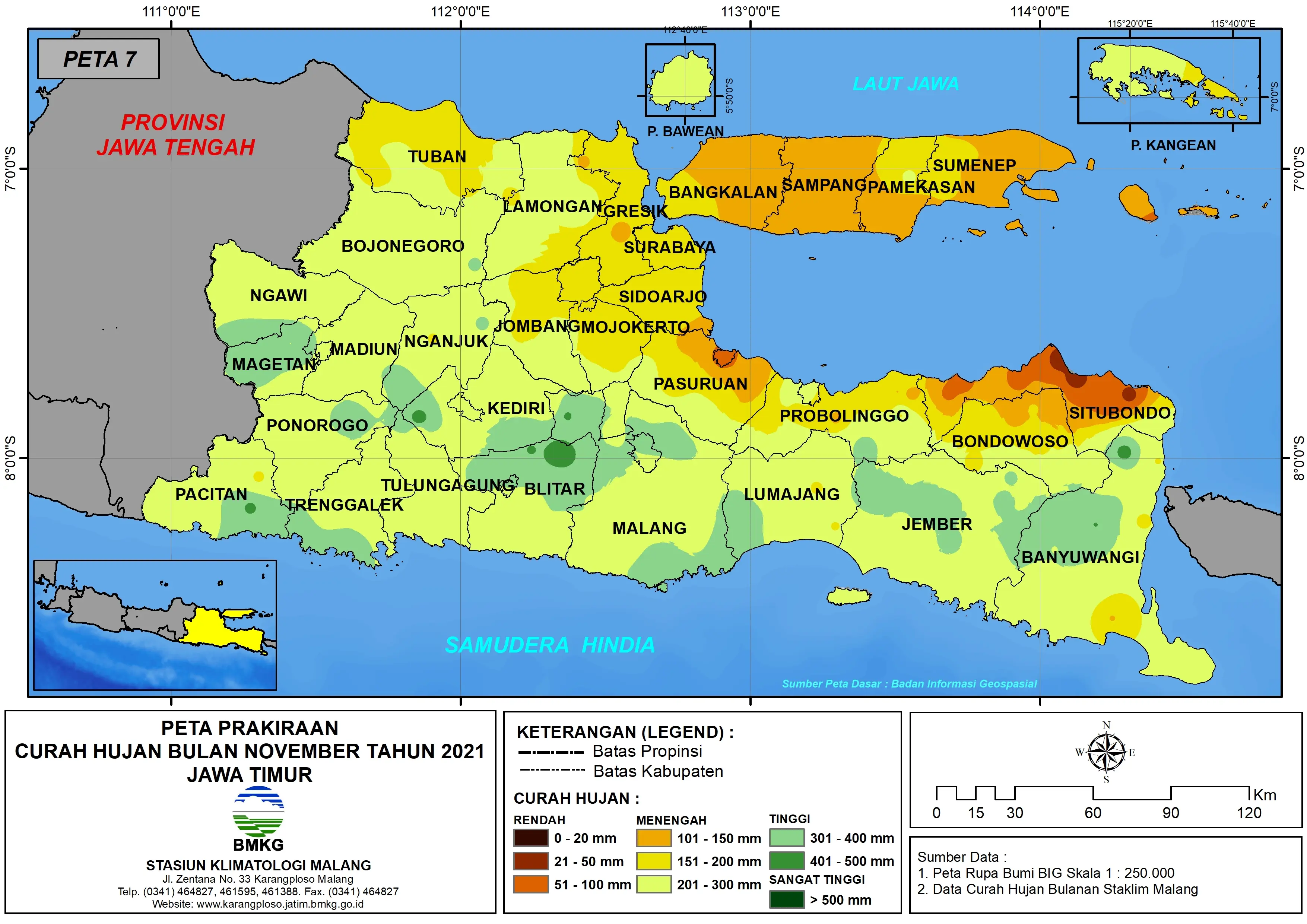 (Prakiraan - Bulanan) Curah Hujan Bulan NOVEMBER Tahun 2021 - Update dari Analisis Bulan Agustus Tahun 2021 di Provinsi Jawa Timur