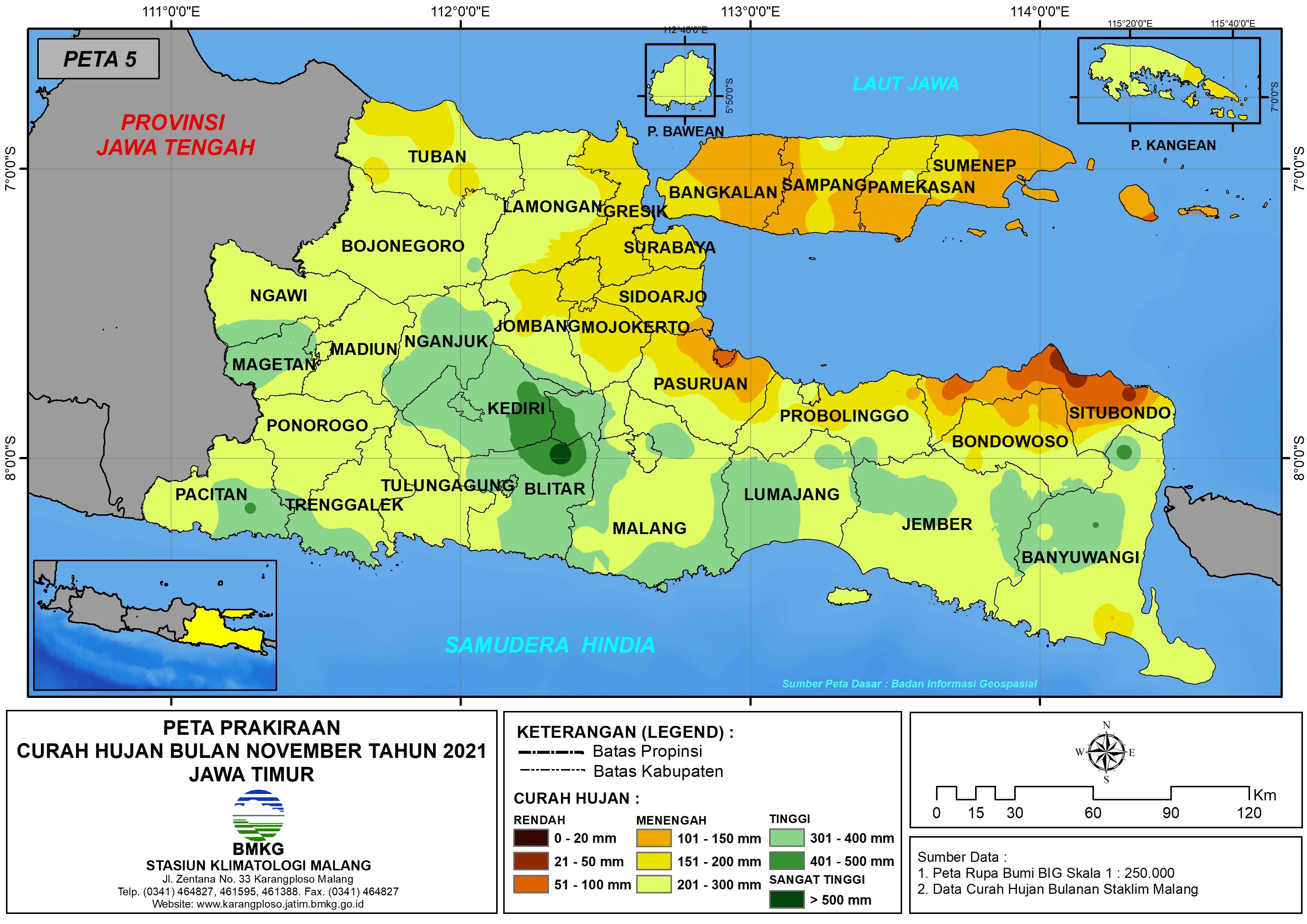 (Prakiraan - Bulanan) Curah Hujan Bulan NOVEMBER Tahun 2021 - Update dari Analisis Bulan September Tahun 2021 di Provinsi Jawa Timur