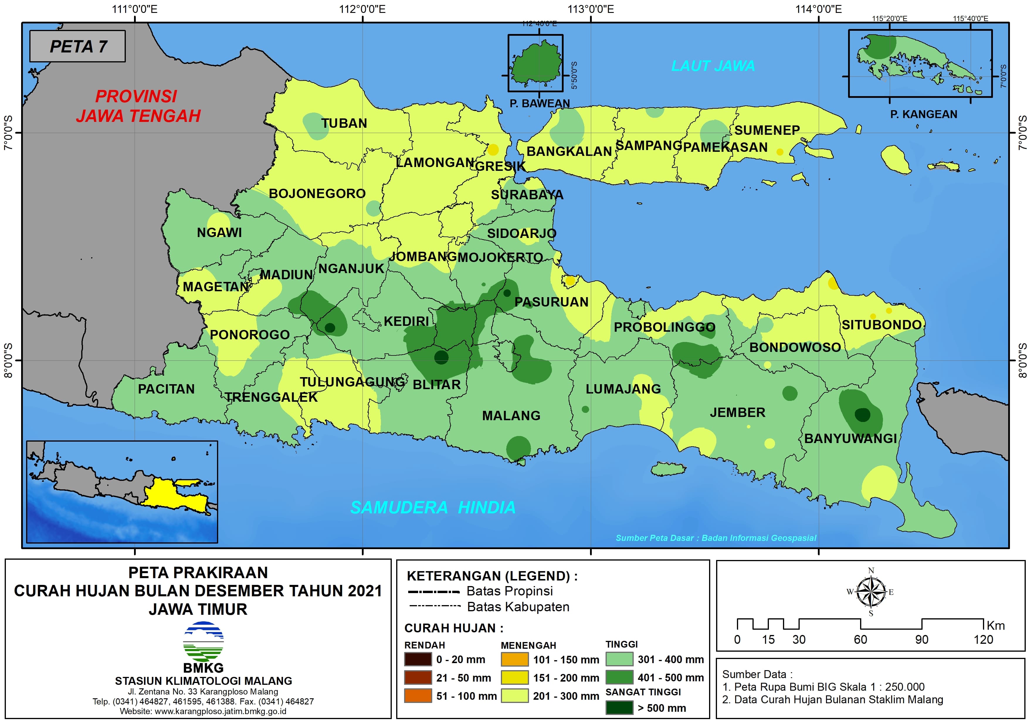 (Prakiraan - Bulanan) Curah Hujan Bulan DESEMBER Tahun 2021 - Update dari Analisis Bulan September Tahun 2021 di Provinsi Jawa Timur