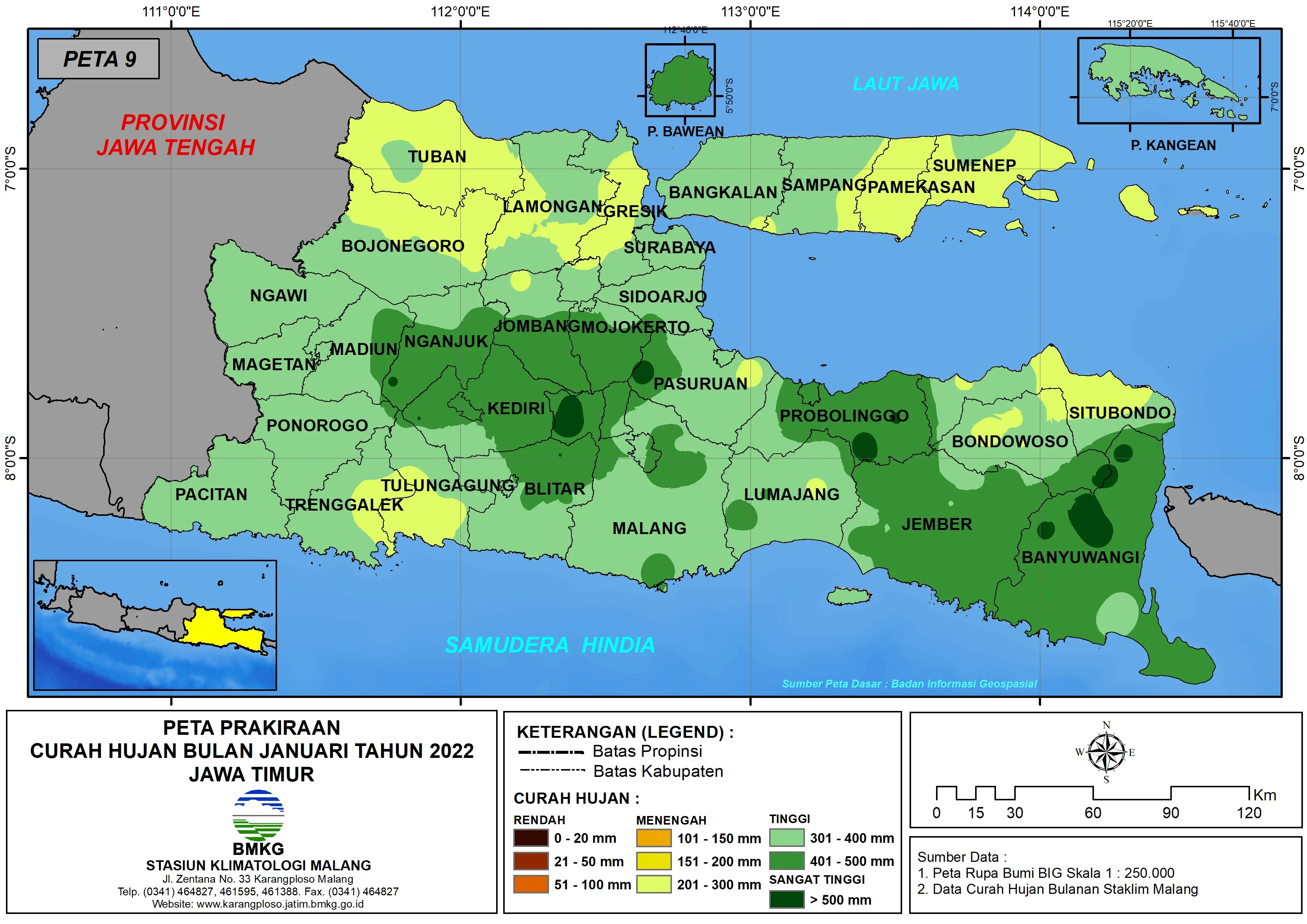 (Prakiraan - Bulanan) Curah Hujan Bulan JANUARI Tahun 2022 - Update dari Analisis Bulan September Tahun 2021 di Provinsi Jawa Timur