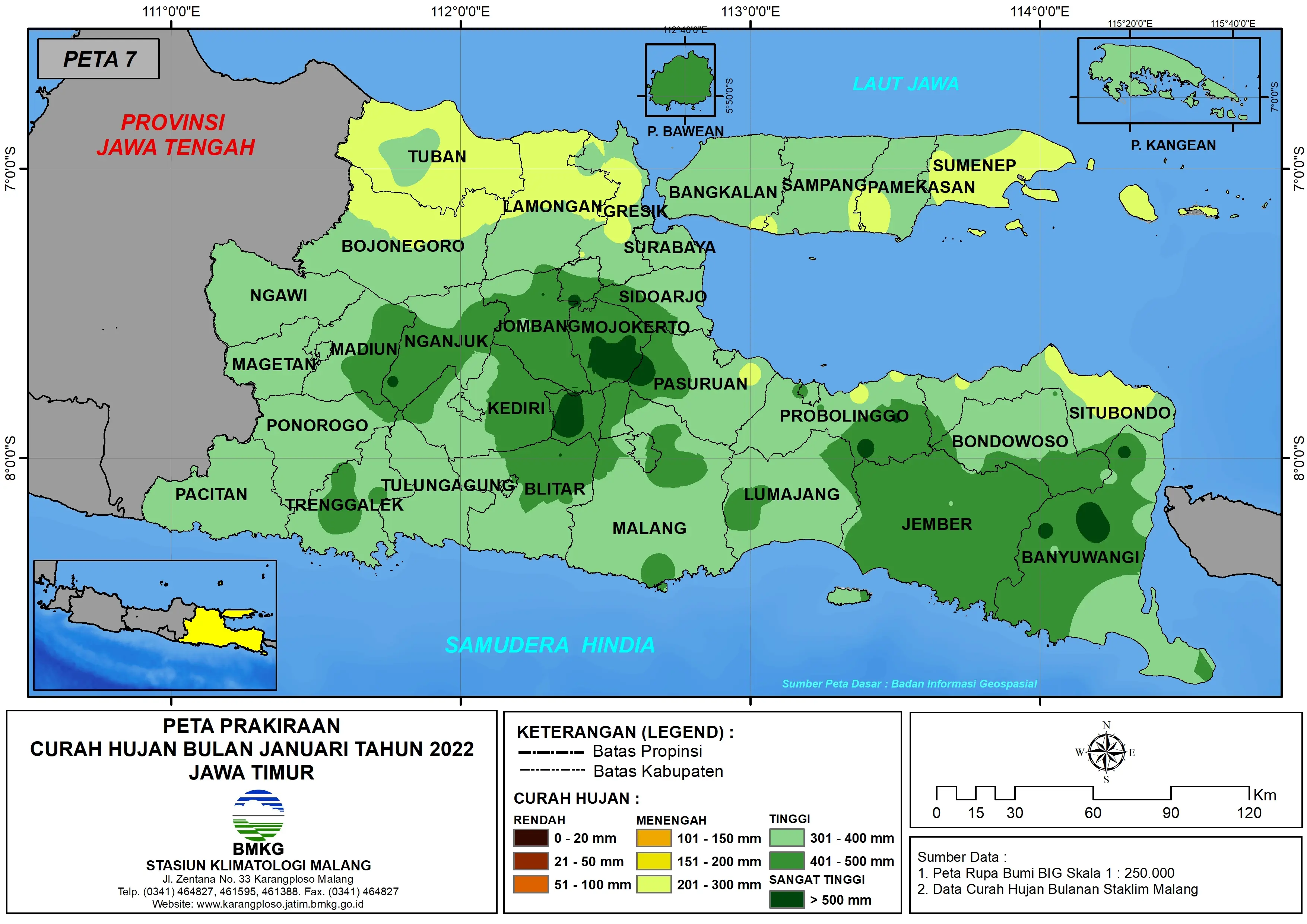 (Prakiraan - Bulanan) Curah Hujan Bulan JANUARI Tahun 2022 - Update dari Analisis Bulan Oktober Tahun 2021 di Provinsi Jawa Timur