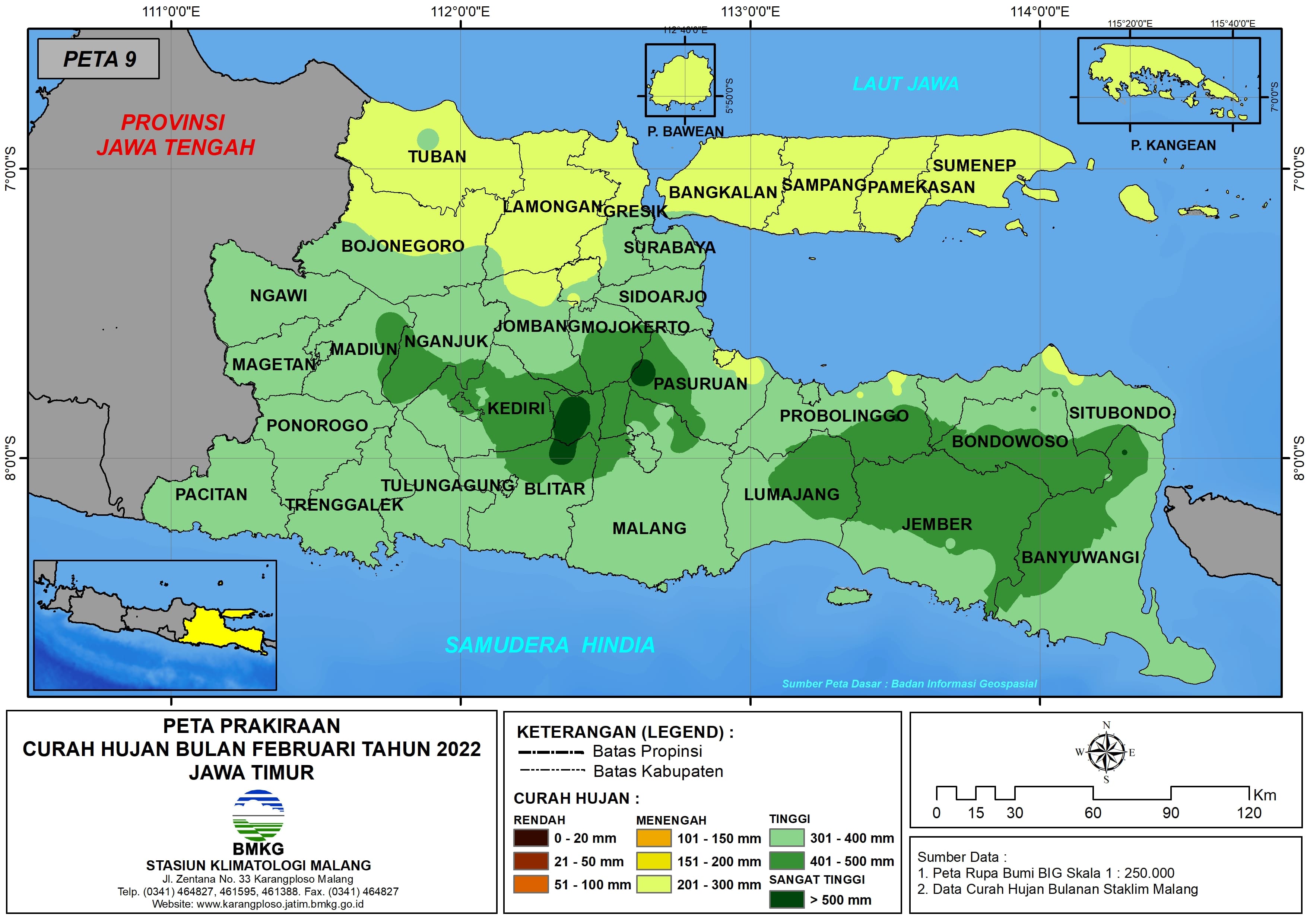 (Prakiraan - Bulanan) Curah Hujan Bulan FEBRUARI Tahun 2022 - Update dari Analisis Bulan Oktober Tahun 2021 di Provinsi Jawa Timur