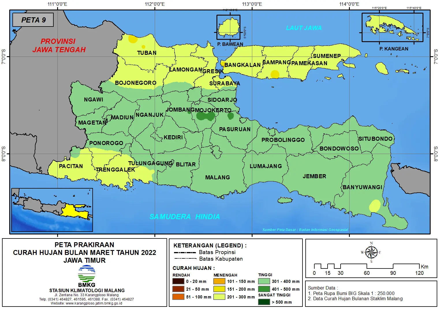 (Prakiraan - Bulanan) Curah Hujan Bulan MARET Tahun 2022 - Update dari Analisis Bulan November Tahun 2021 di Provinsi Jawa Timur