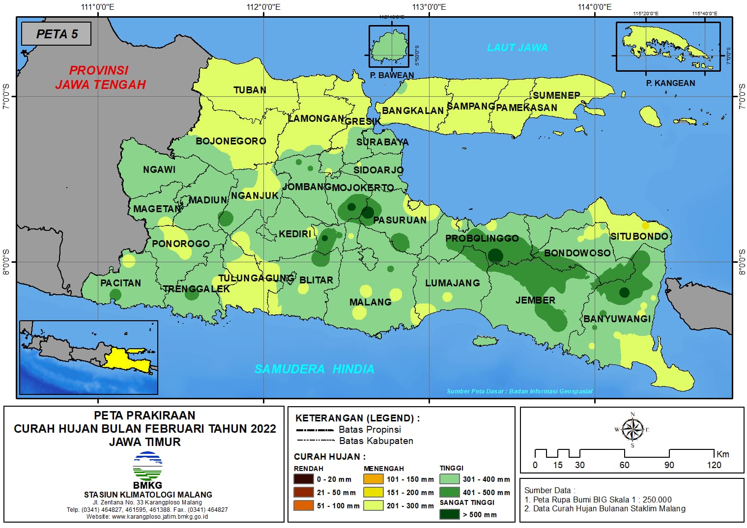 (Prakiraan - Bulanan) Curah Hujan Bulan FEBRUARI Tahun 2022 - Update dari Analisis Bulan Desember Tahun 2021 di Provinsi Jawa Timur