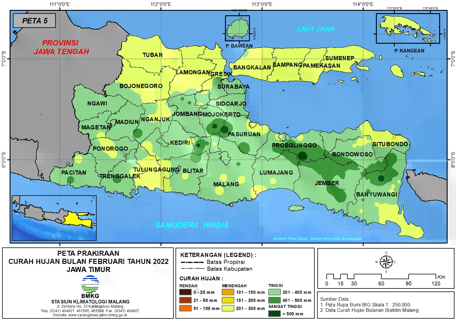 (Prakiraan - Bulanan) Curah Hujan Bulan FEBRUARI Tahun 2022 - Update dari Analisis Bulan Desember Tahun 2021 di Provinsi Jawa Timur