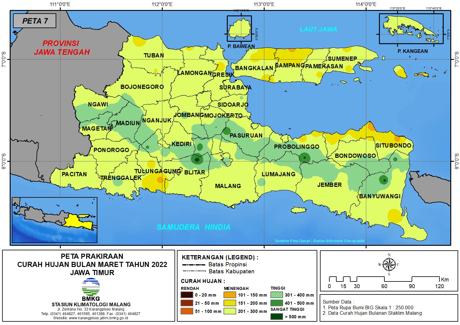 (Prakiraan - Bulanan) Curah Hujan Bulan MARET Tahun 2022 - Update dari Analisis Bulan Desember Tahun 2021 di Provinsi Jawa Timur