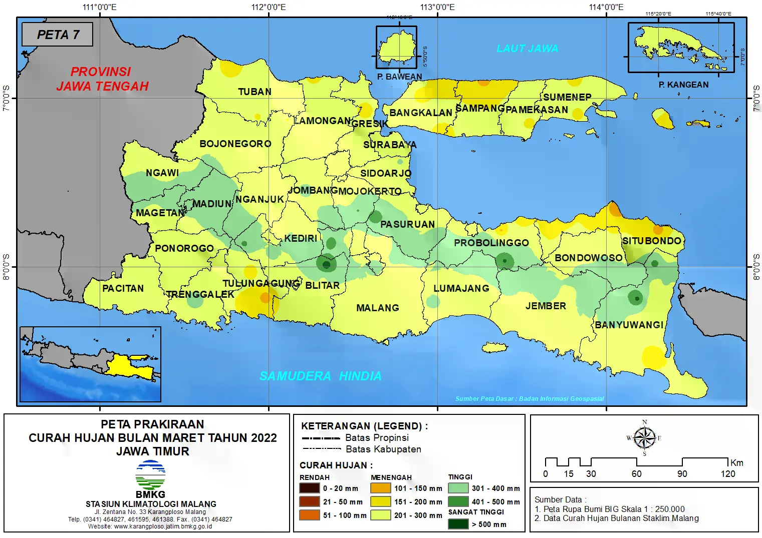 (Prakiraan - Bulanan) Curah Hujan Bulan MARET Tahun 2022 - Update dari Analisis Bulan Desember Tahun 2021 di Provinsi Jawa Timur