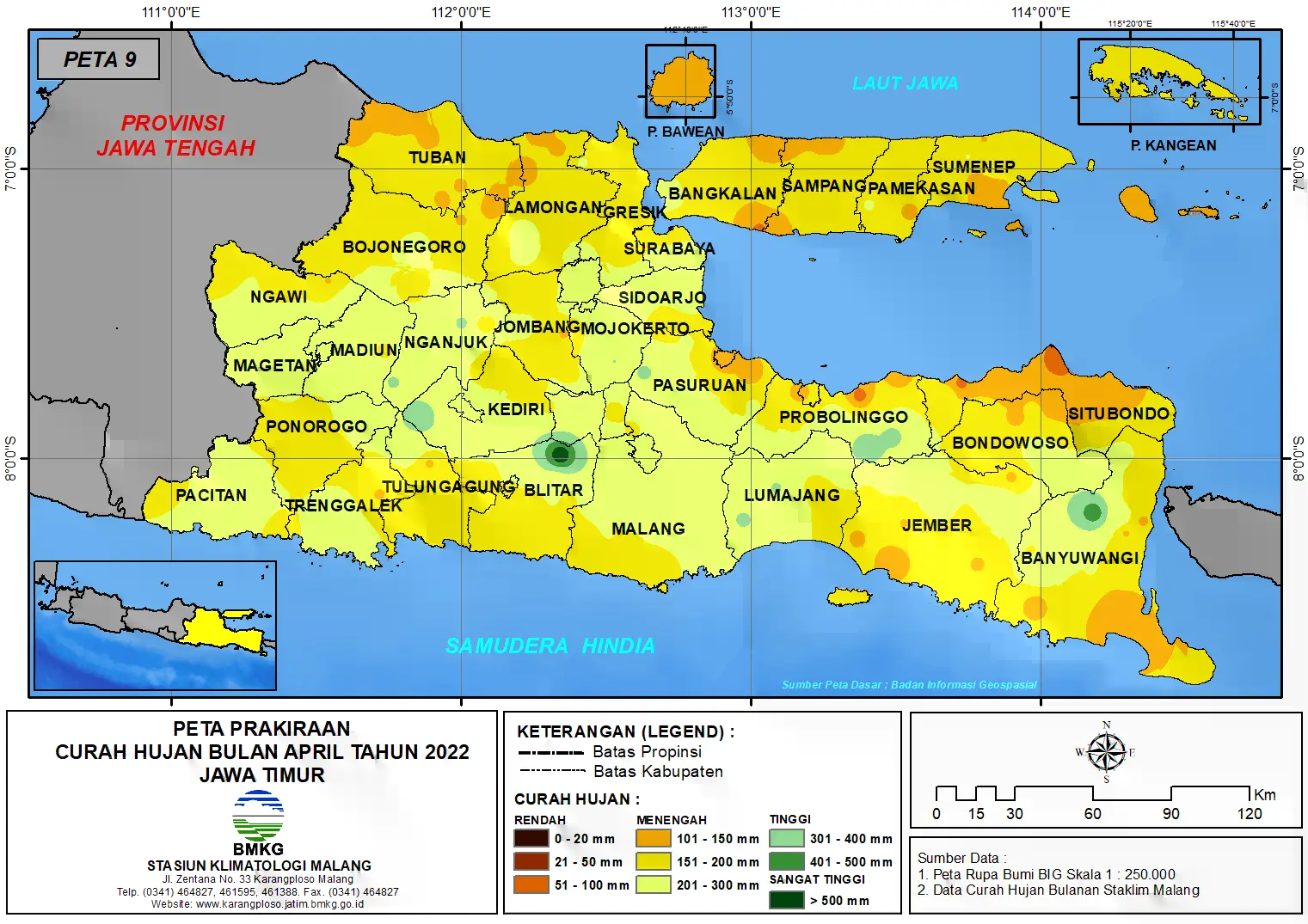 (Prakiraan - Bulanan) Curah Hujan Bulan APRIL Tahun 2022 - Update dari Analisis Bulan Desember Tahun 2021 di Provinsi Jawa Timur