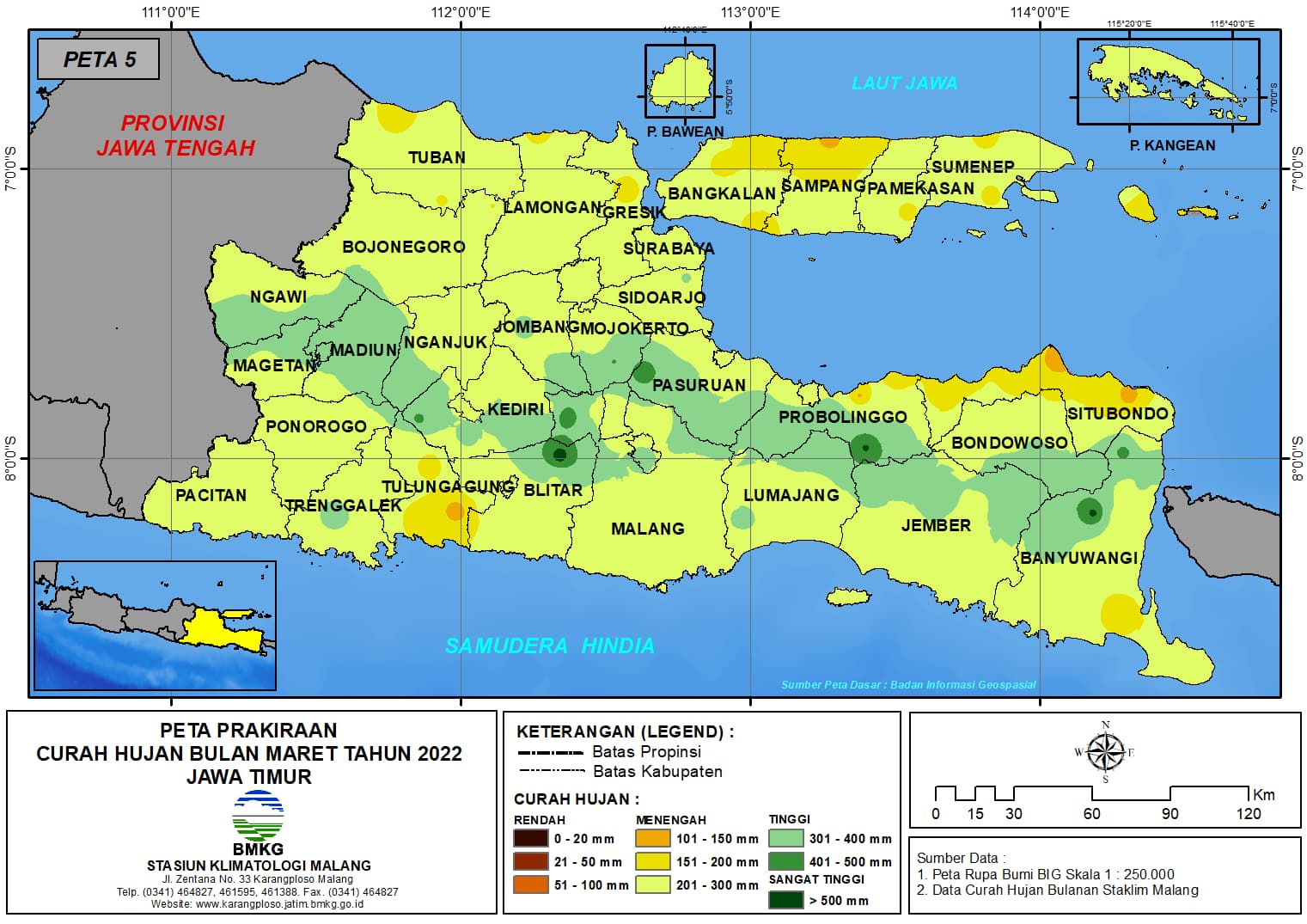 ( Prakiraan - Bulanan ) Curah Hujan Bulan MARET Tahun 2022 - Update dari Analisis Bulan Januari Tahun 2022 di Provinsi Jawa Timur
