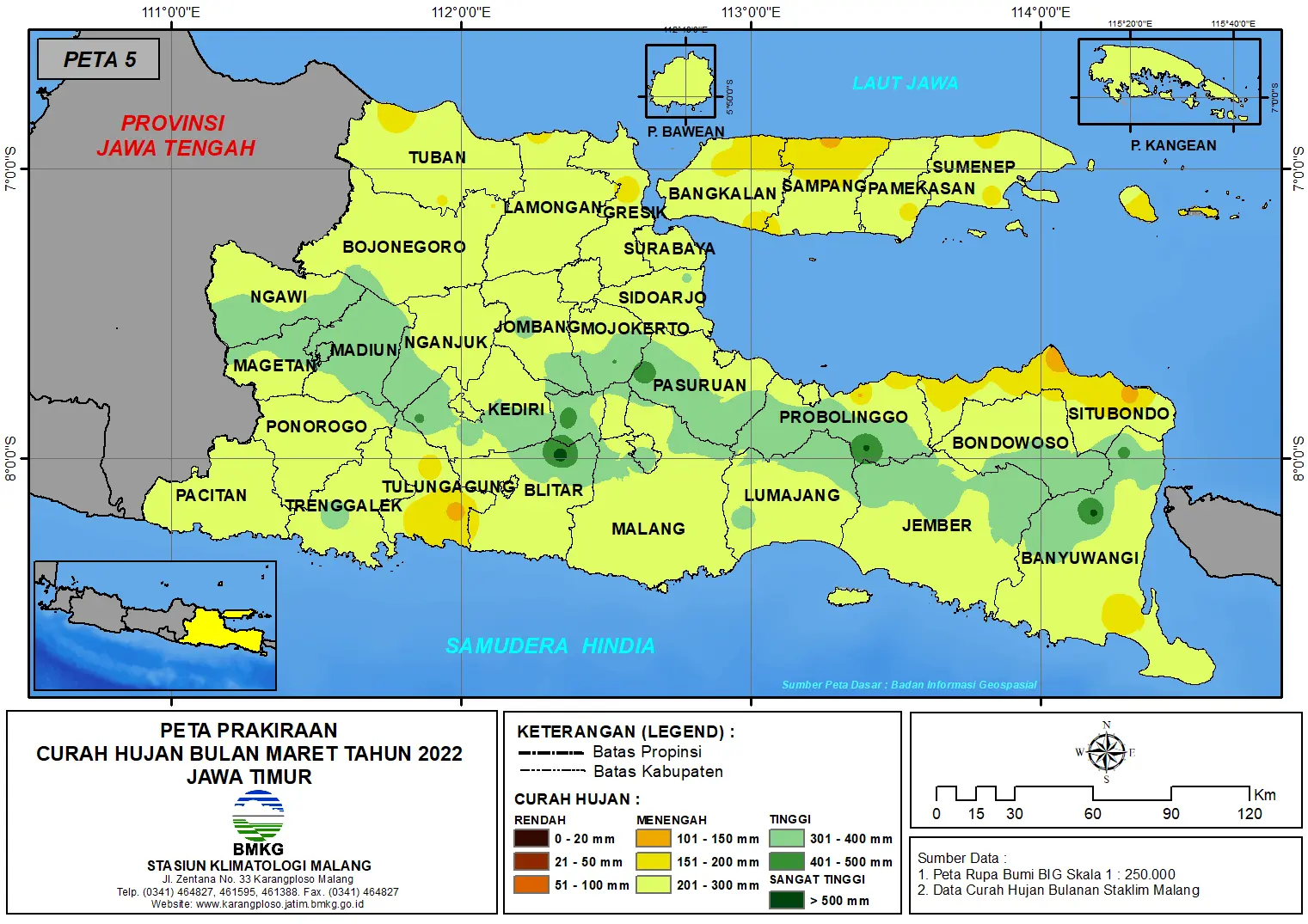 ( Prakiraan - Bulanan ) Curah Hujan Bulan MARET Tahun 2022 - Update dari Analisis Bulan Januari Tahun 2022 di Provinsi Jawa Timur